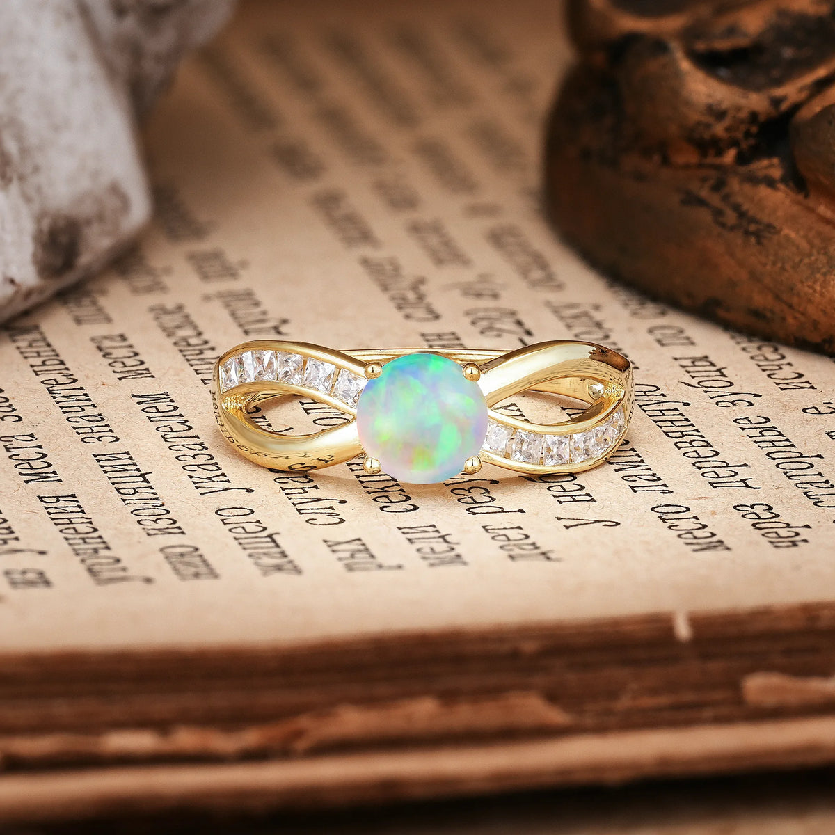 Elegant Continuous Princess Side Gem Infinity Loop Round Cut Fire Opal Engagement Ring