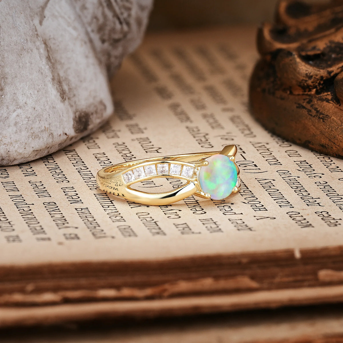 Elegant Continuous Princess Side Gem Infinity Loop Round Cut Fire Opal Engagement Ring