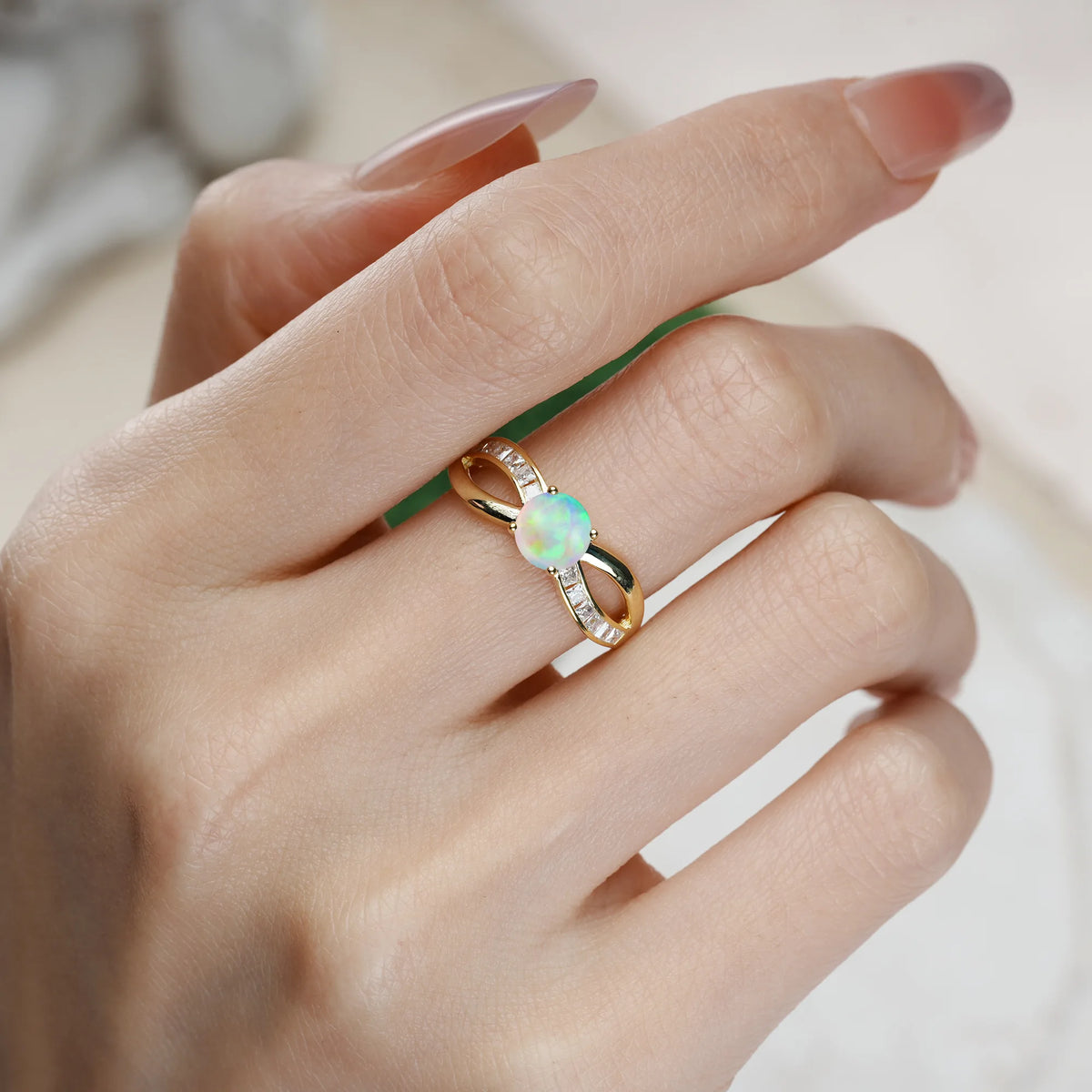 Round Cut Fire Opal Elegant Continuous Princess Side Gem Infinity Loop Engagement Ring