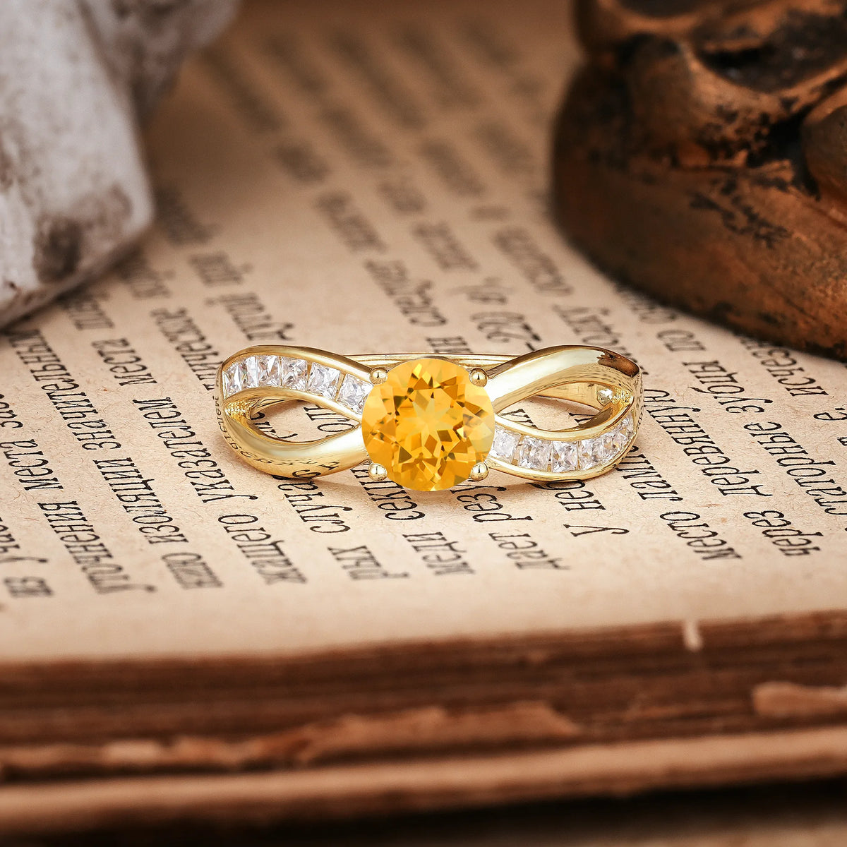 Elegant Continuous Princess Side Gem Infinity Loop Round Cut Citrine Engagement Ring