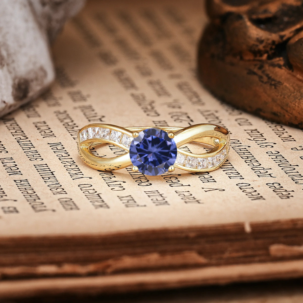 Elegant Continuous Princess Side Gem Infinity Loop Round Cut Tanzanite Engagement Ring