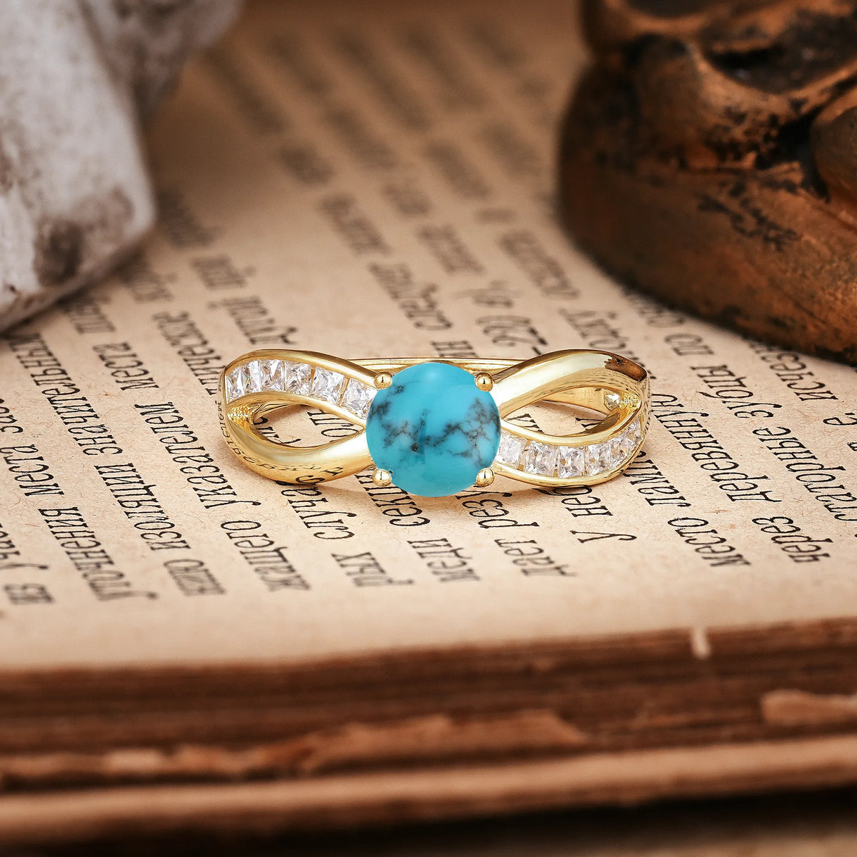 Elegant Continuous Princess Side Gem Infinity Loop Round Cut Turquoise Engagement Ring