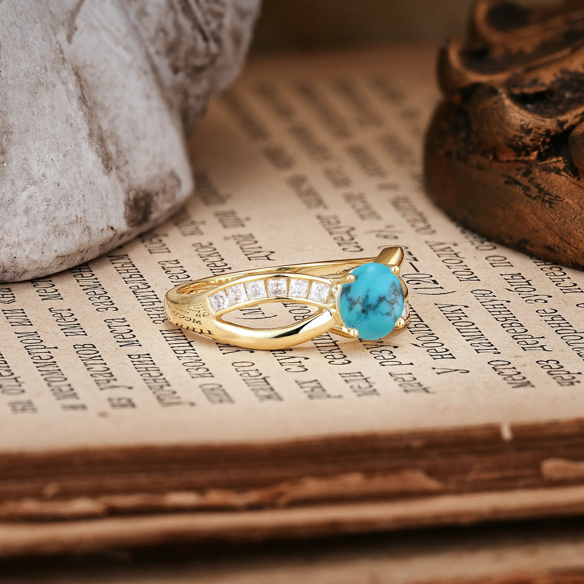 Elegant Continuous Princess Side Gem Infinity Loop Round Cut Turquoise Engagement Ring