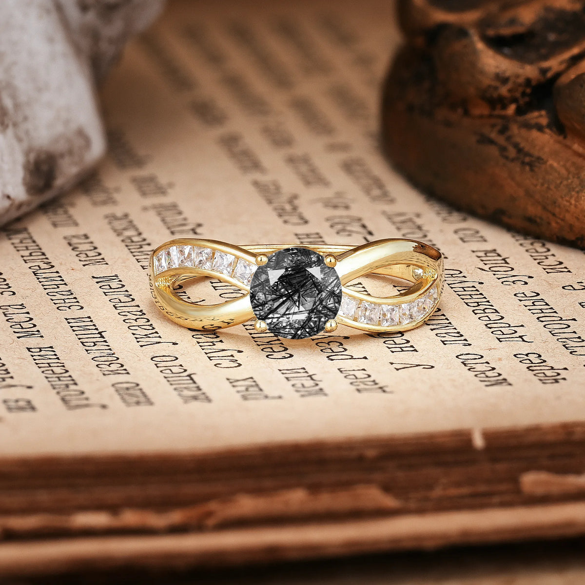 Elegant Continuous Princess Side Gem Infinity Loop Round Cut Black Rutilated Quartz Engagement Ring