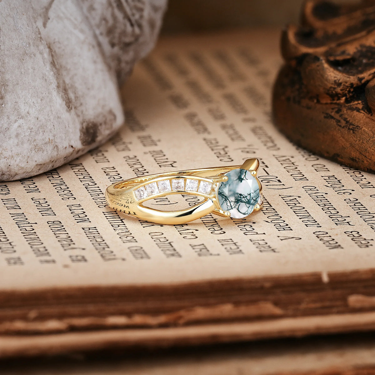 Elegant Continuous Princess Side Gem Infinity Loop Round Cut Moss Agate Engagement Ring