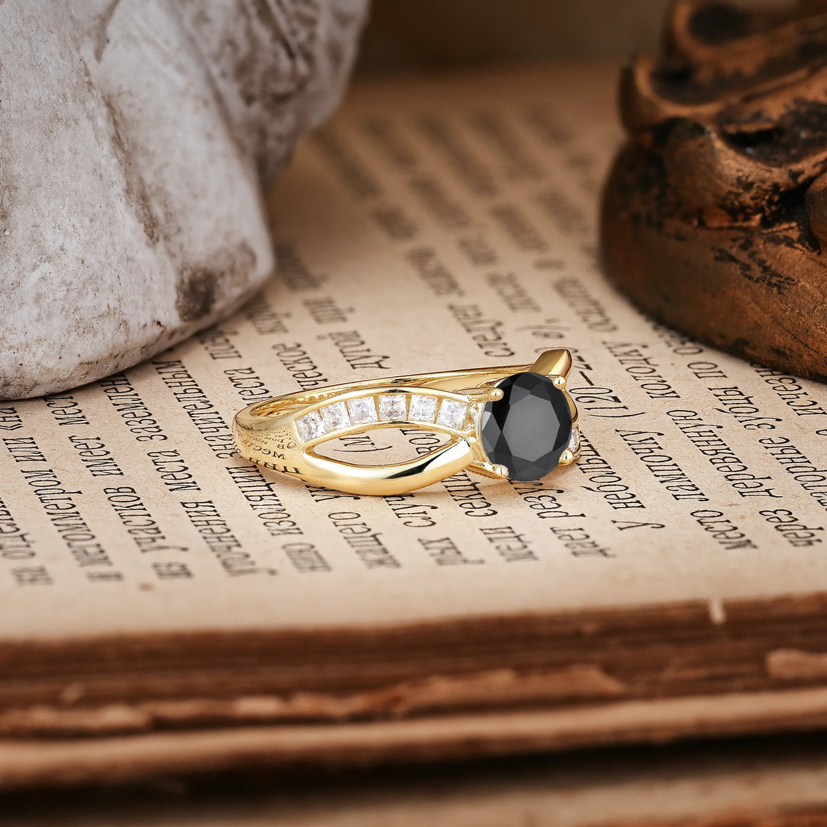 Elegant Continuous Princess Side Gem Infinity Loop Round Cut Black Onyx Engagement Ring