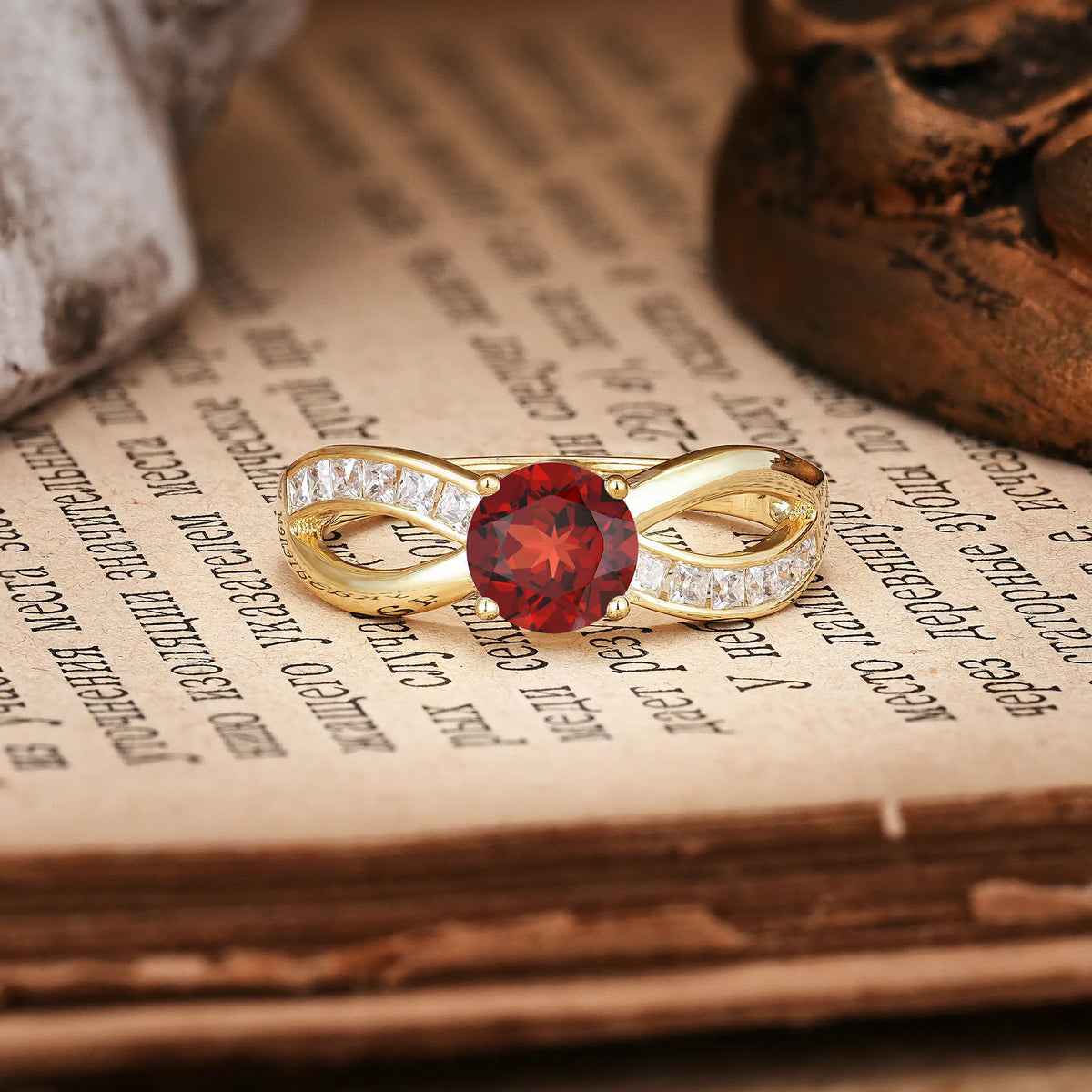 Elegant Continuous Princess Side Gem Infinity Loop Round Cut Garnet Engagement Ring