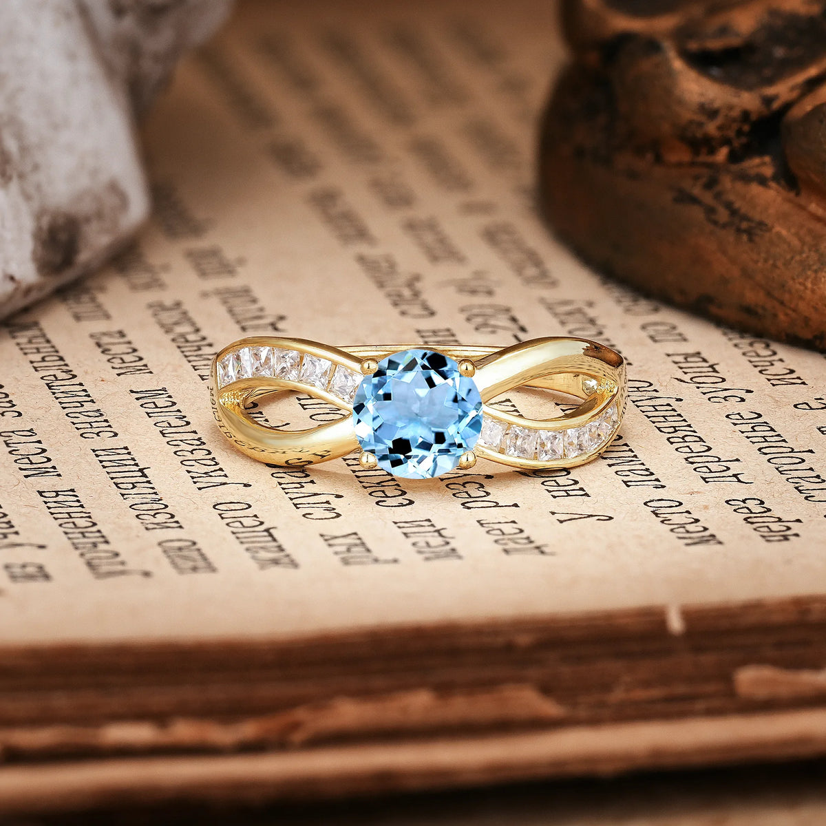 Elegant Continuous Princess Side Gem Infinity Loop Round Cut Aquamarine Engagement Ring