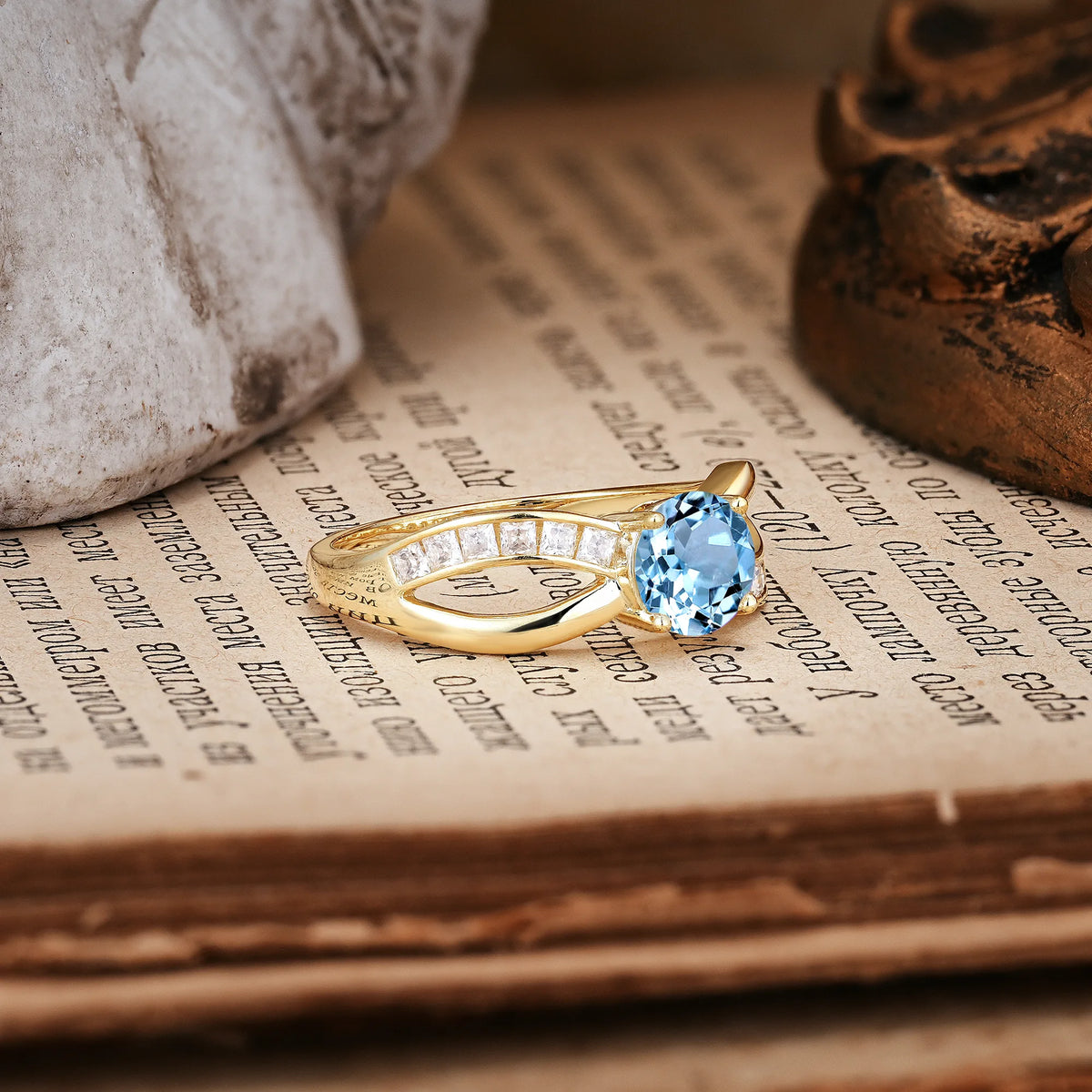 Elegant Continuous Princess Side Gem Infinity Loop Round Cut Aquamarine Engagement Ring