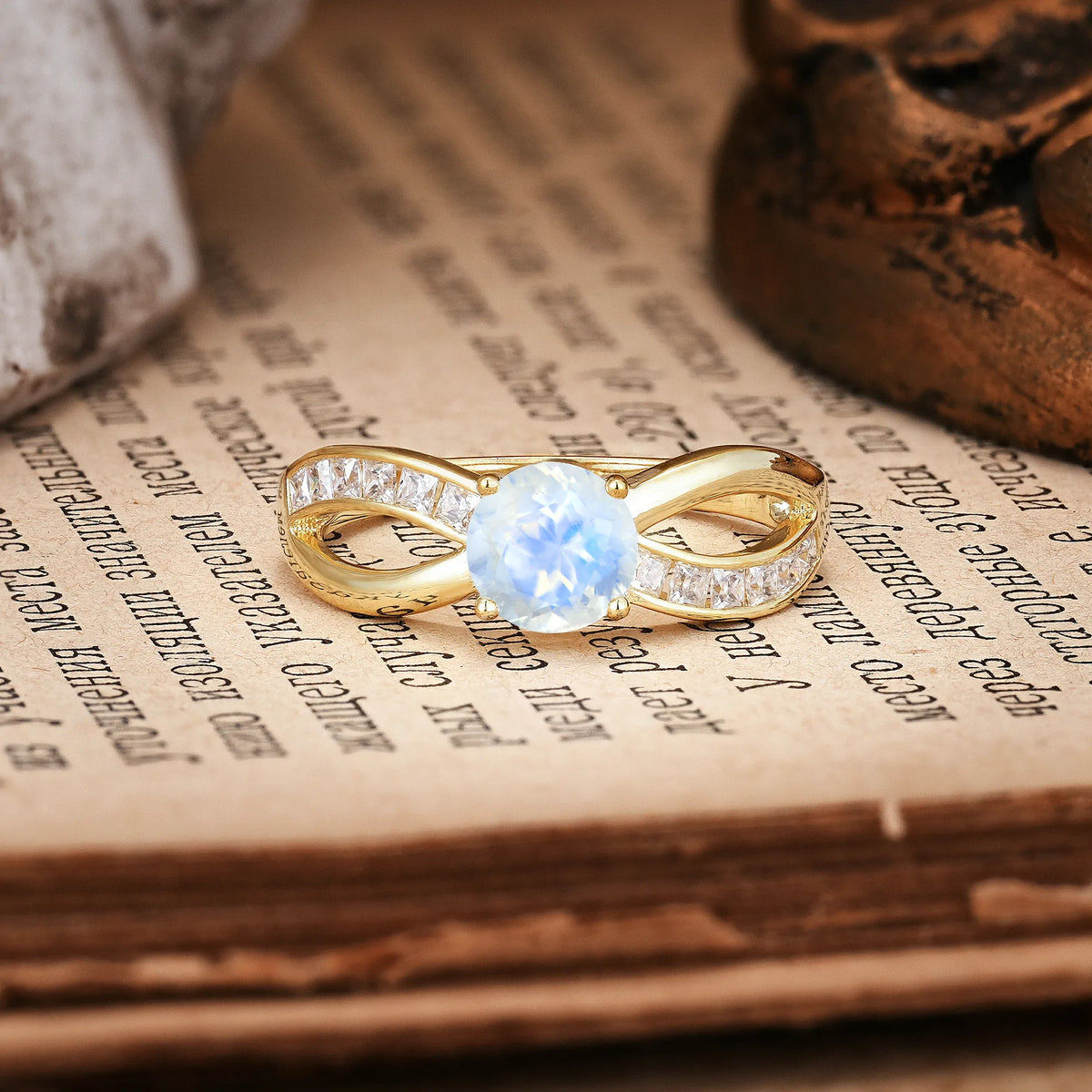 Elegant Continuous Princess Side Gem Infinity Loop Round Cut Moonstone Engagement Ring