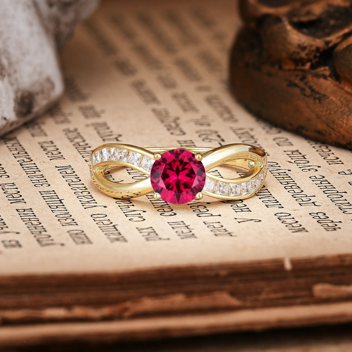 Elegant Continuous Princess Side Gem Infinity Loop Round Cut Ruby Engagement Ring