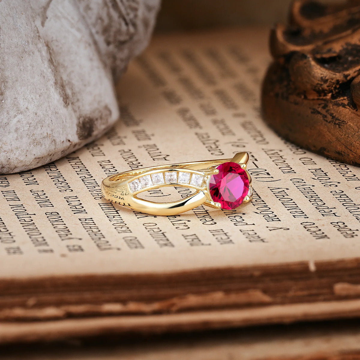 Elegant Continuous Princess Side Gem Infinity Loop Round Cut Ruby Engagement Ring