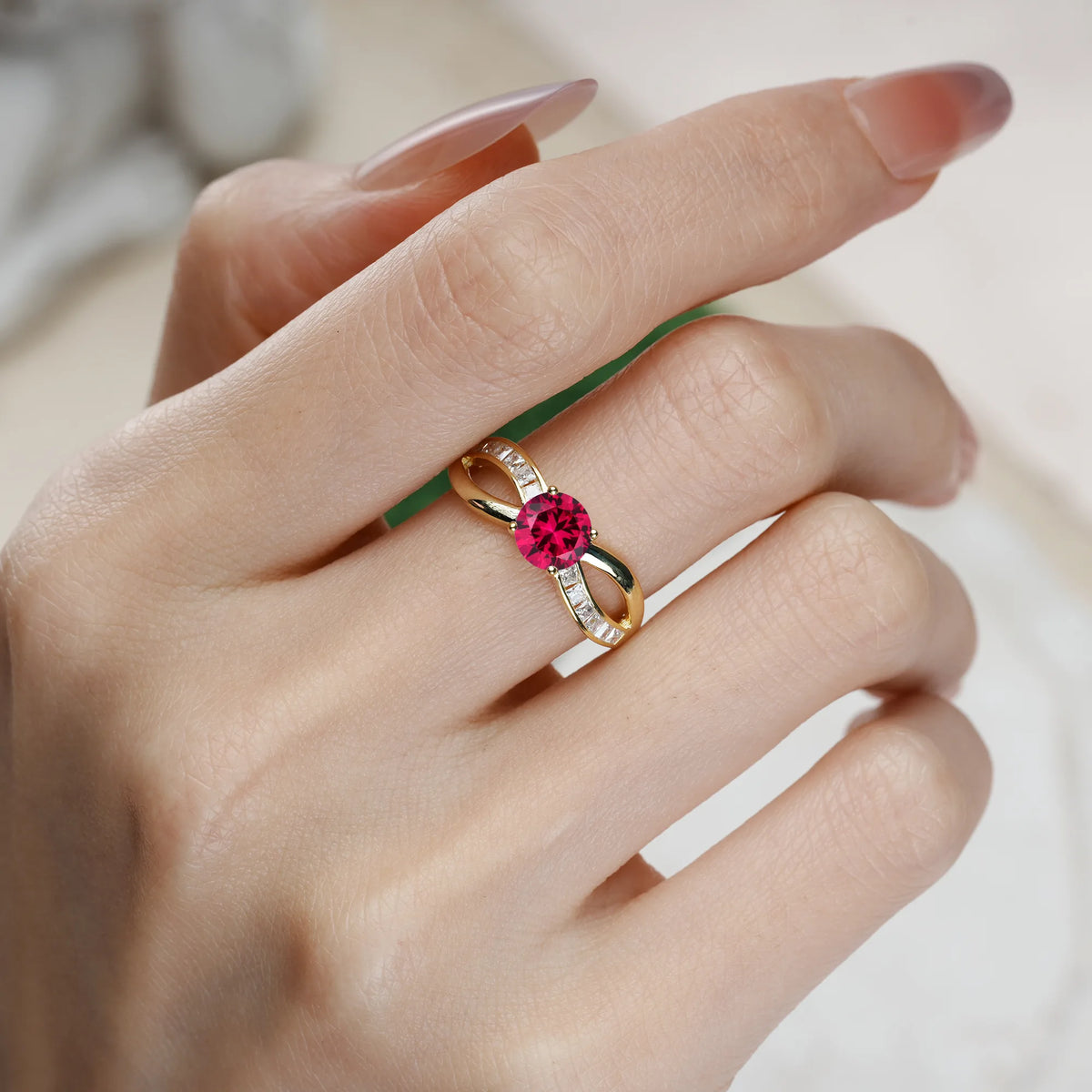 Round Cut Ruby Elegant Continuous Princess Side Gem Infinity Loop Engagement Ring