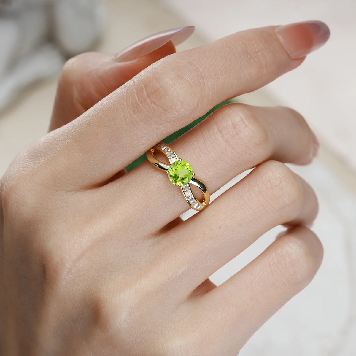 Round Cut Peridot Elegant Continuous Princess Side Gem Infinity Loop Engagement Ring