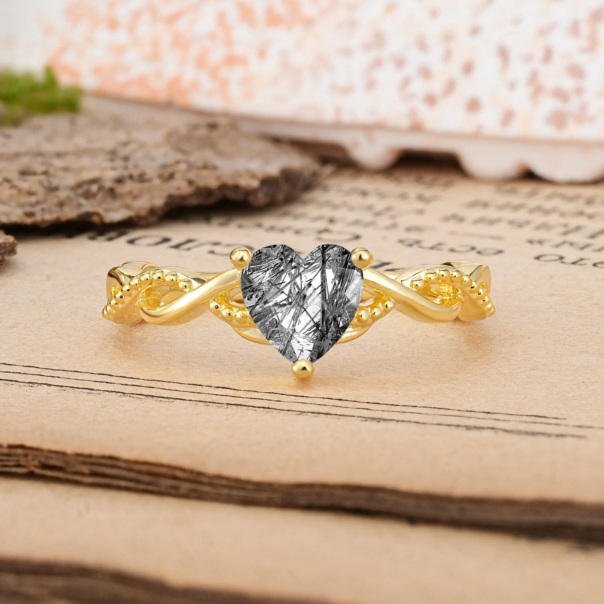 Heart-Cut Black Rutilated Quartz Classic Twisted 3-Prong Engagement Ring