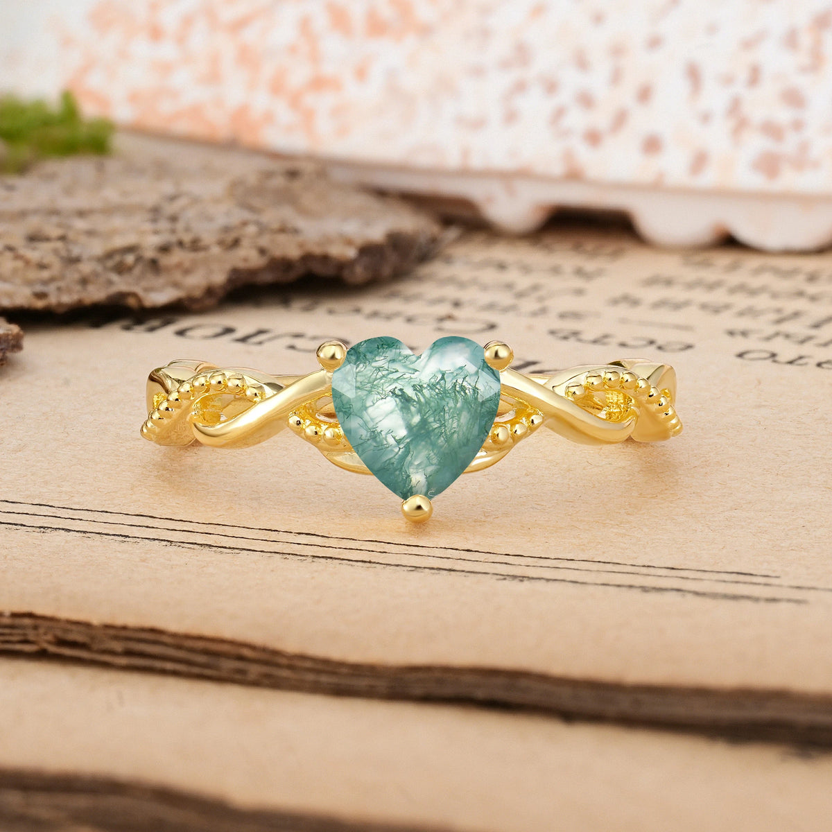 Heart-Cut Moss Agate Classic Twisted 3-Prong Engagement Ring