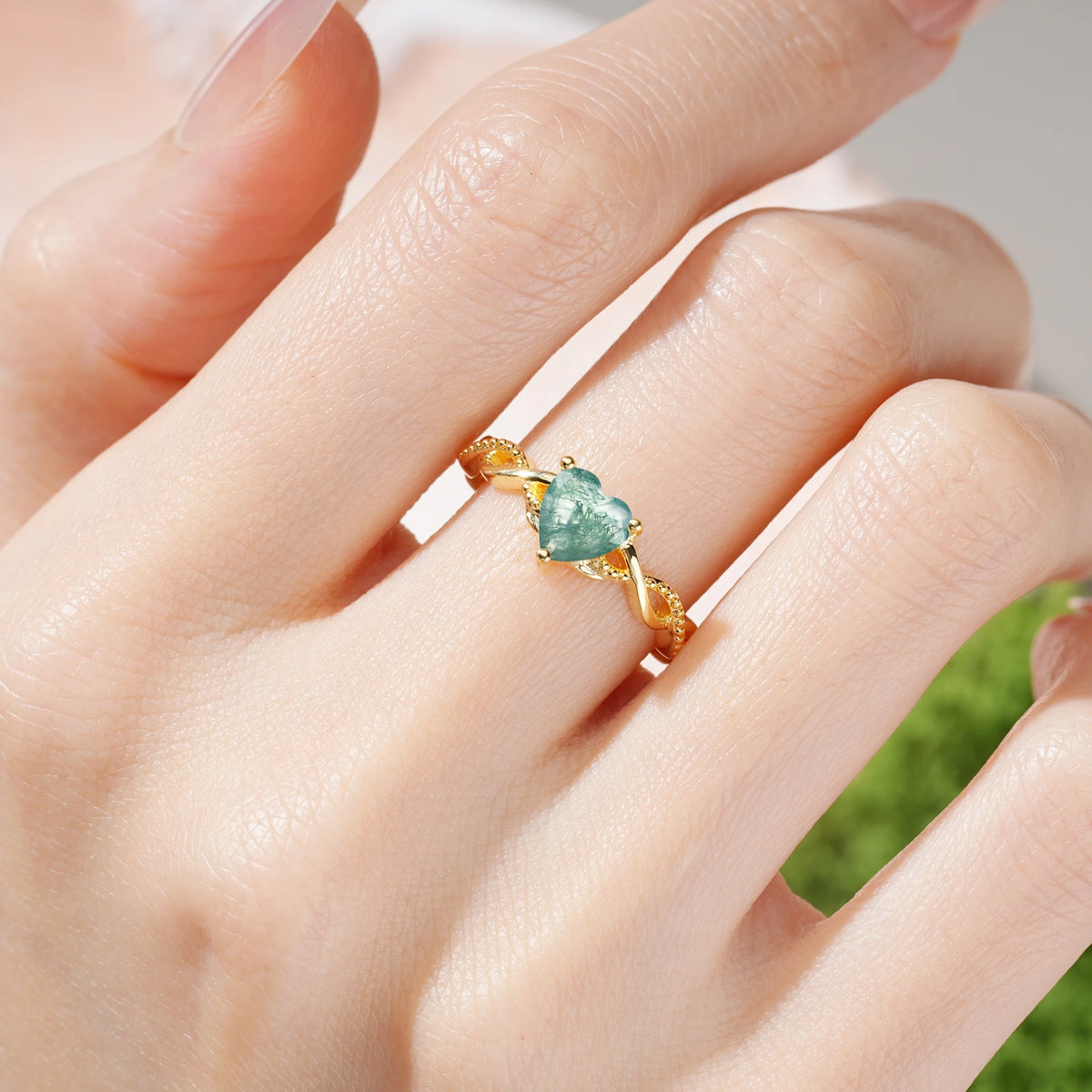 Heart-Cut Moss Agate Classic Twisted 3-Prong Engagement Ring