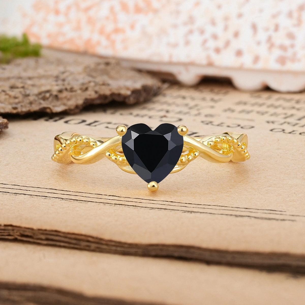 Heart-Cut Black Onyx Classic Twisted 3-Prong Engagement Ring