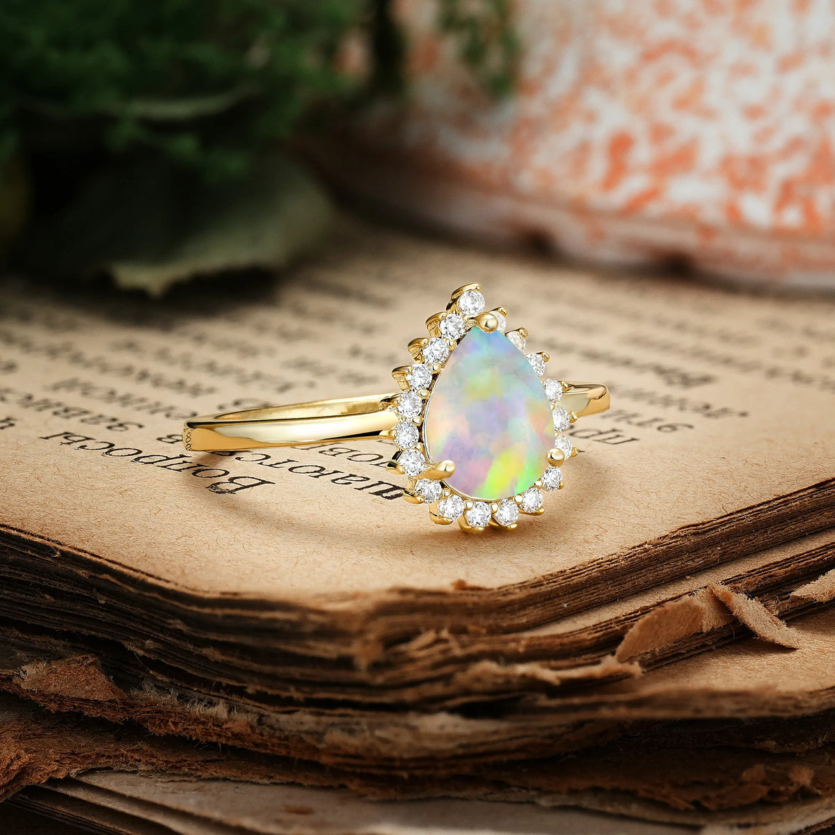 Classic Vintage 3-Prong Pear Cut Fire Opal Engagement Ring