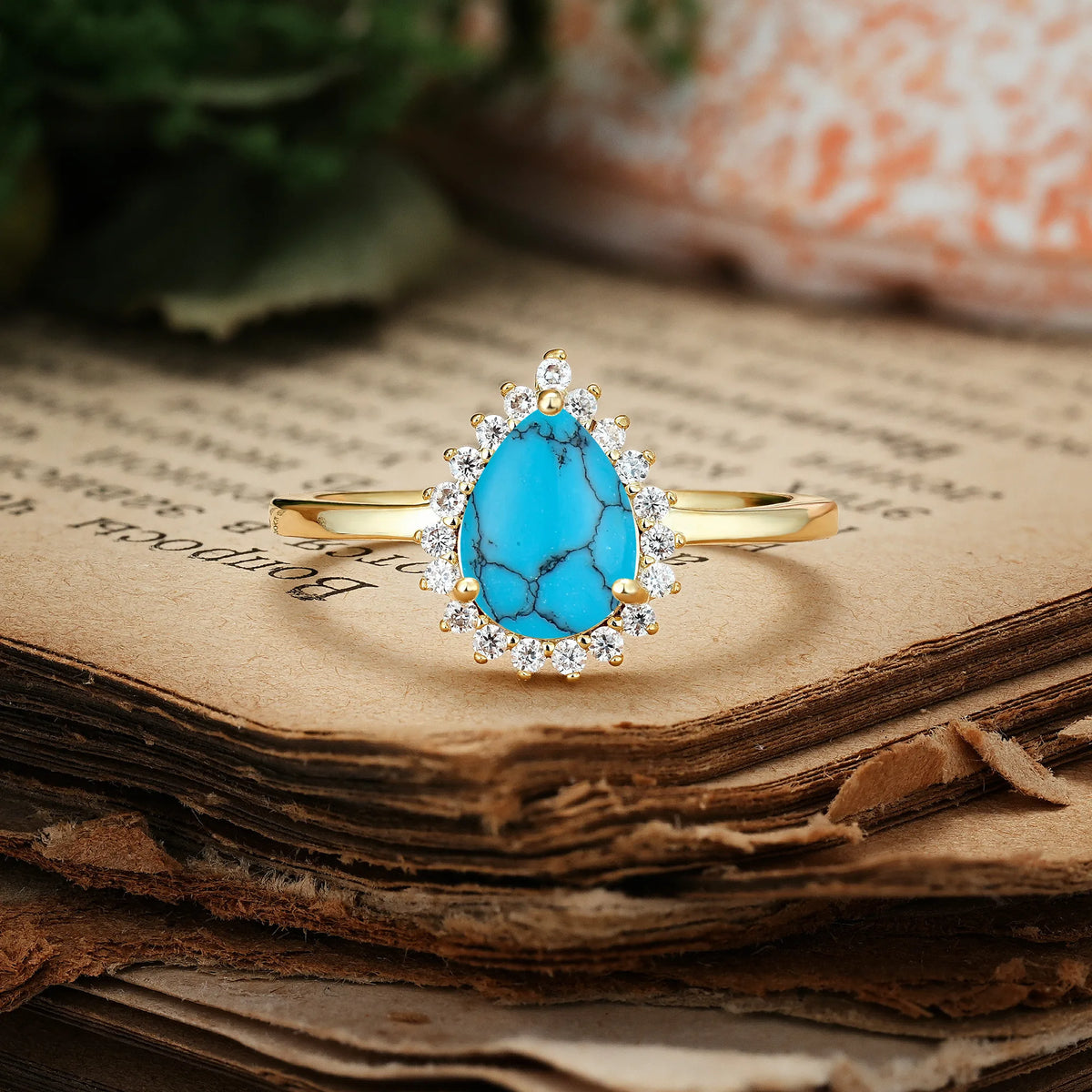 Classic Vintage 3-Prong Pear Cut Turquoise Engagement Ring