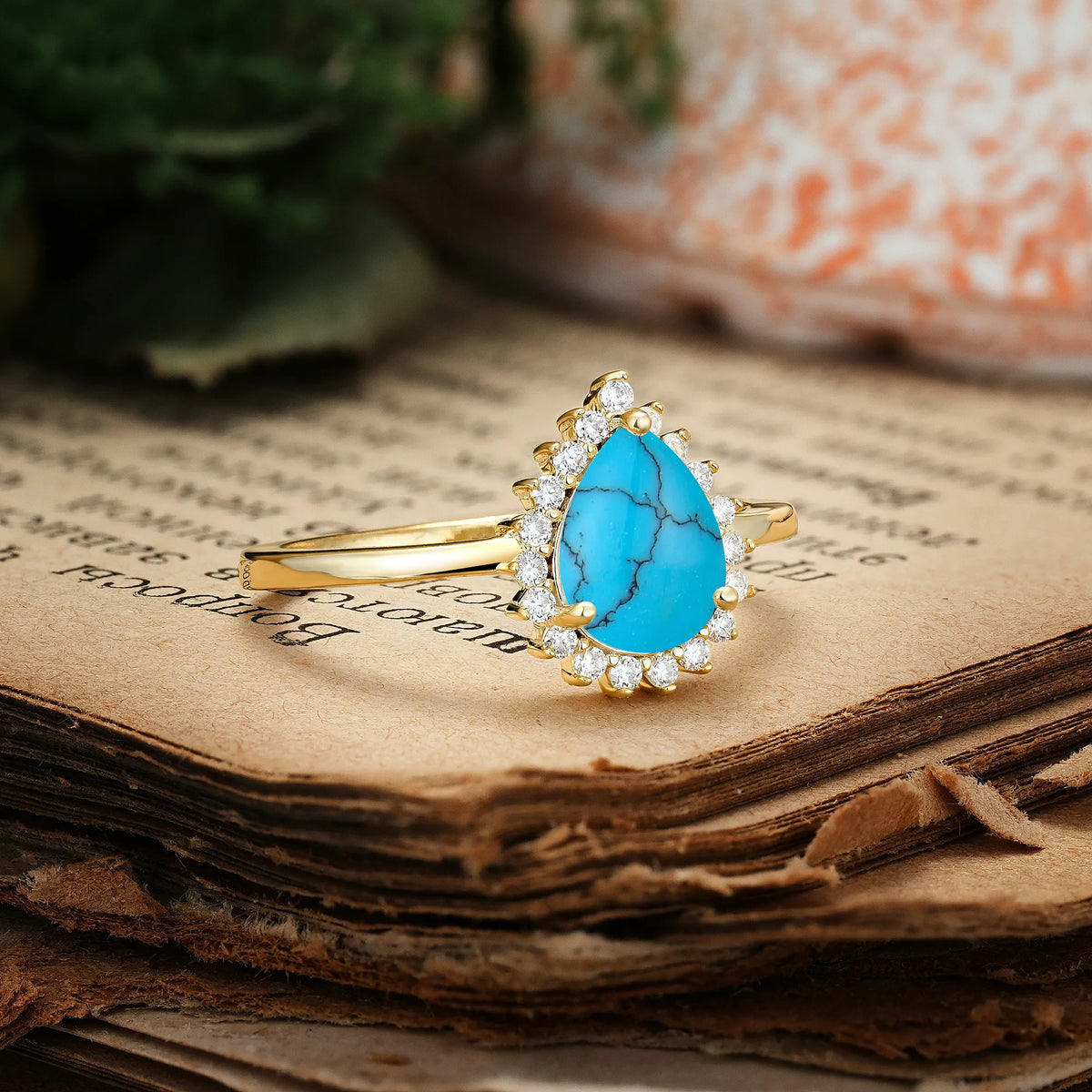 Classic Vintage 3-Prong Pear Cut Turquoise Engagement Ring