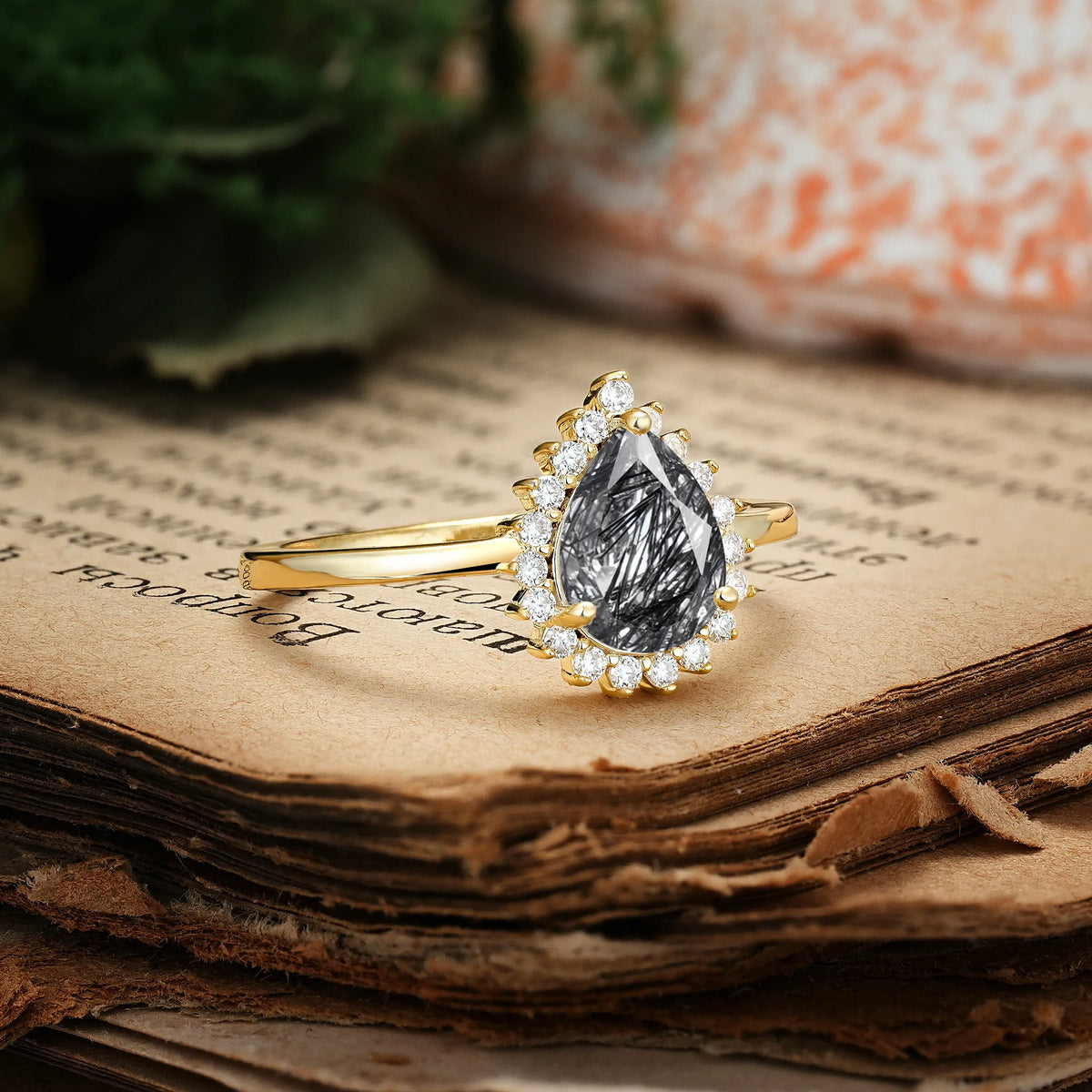 Classic Vintage 3-Prong Pear Cut Black Rutilated Quartz Engagement Ring