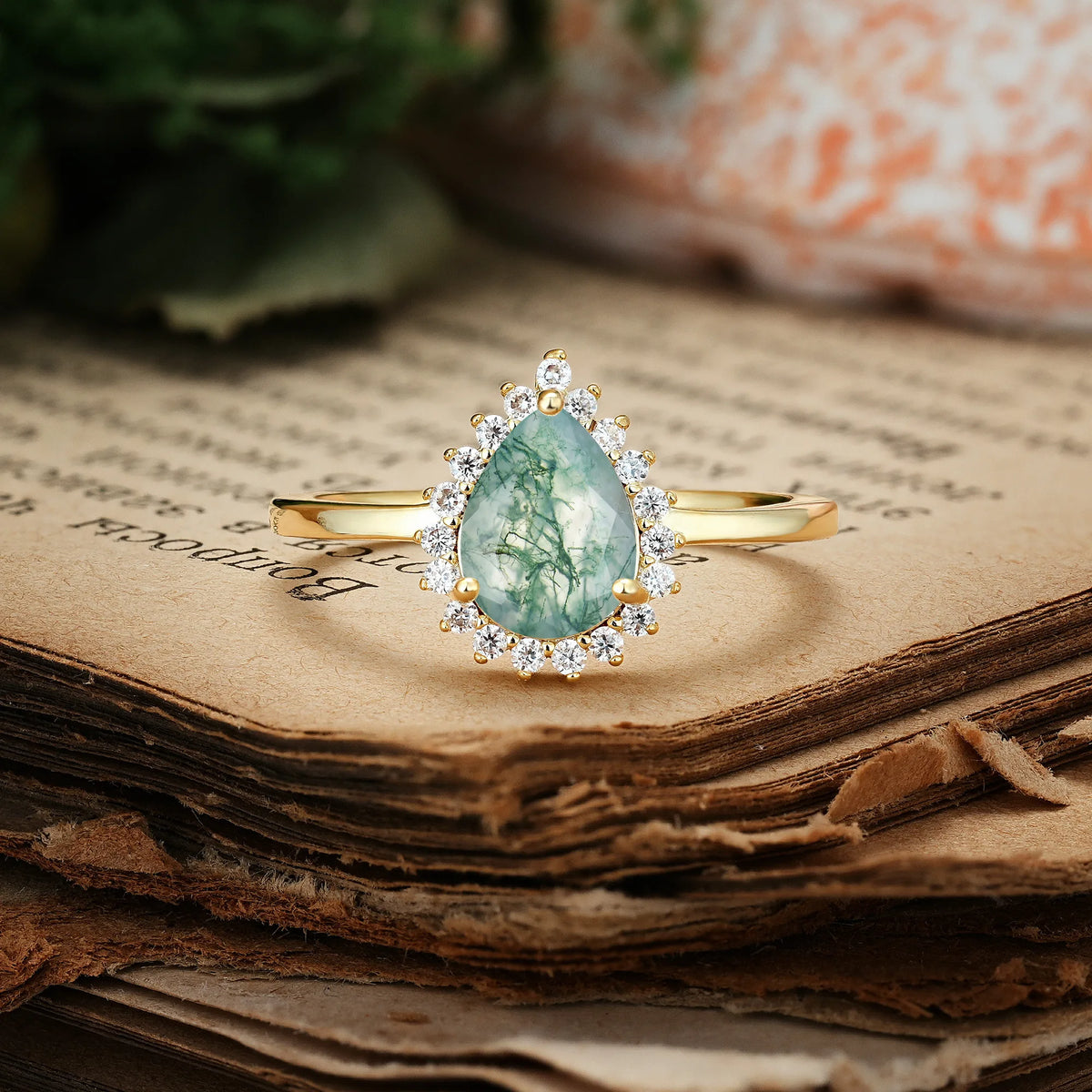 Classic Vintage 3-Prong Pear Cut Moss Agate Engagement Ring