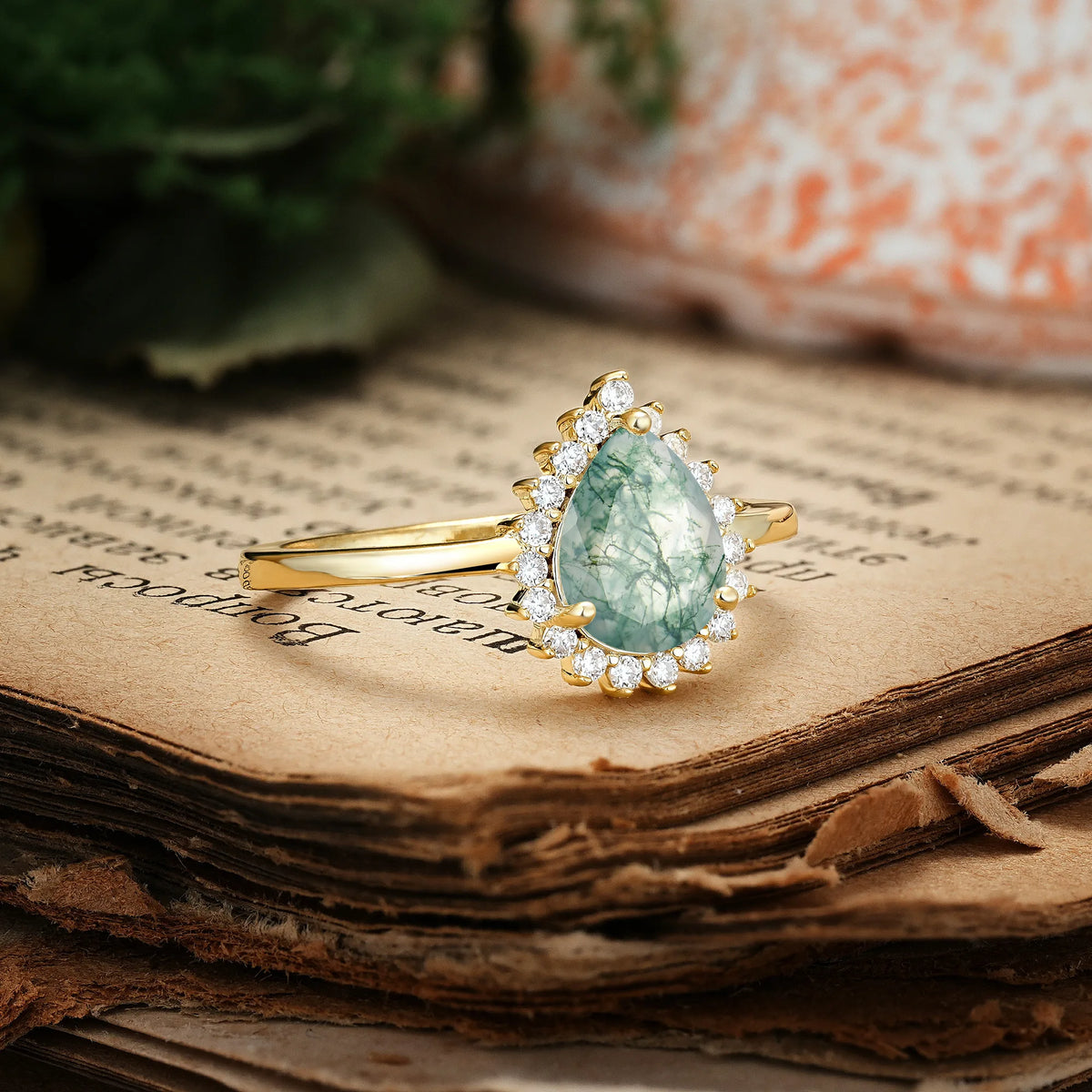 Classic Vintage 3-Prong Pear Cut Moss Agate Engagement Ring