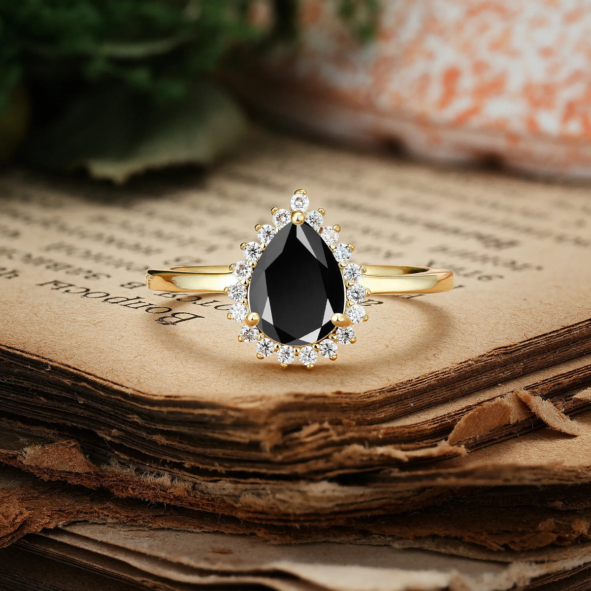 Classic Vintage 3-Prong Pear Cut Black Onyx Engagement Ring