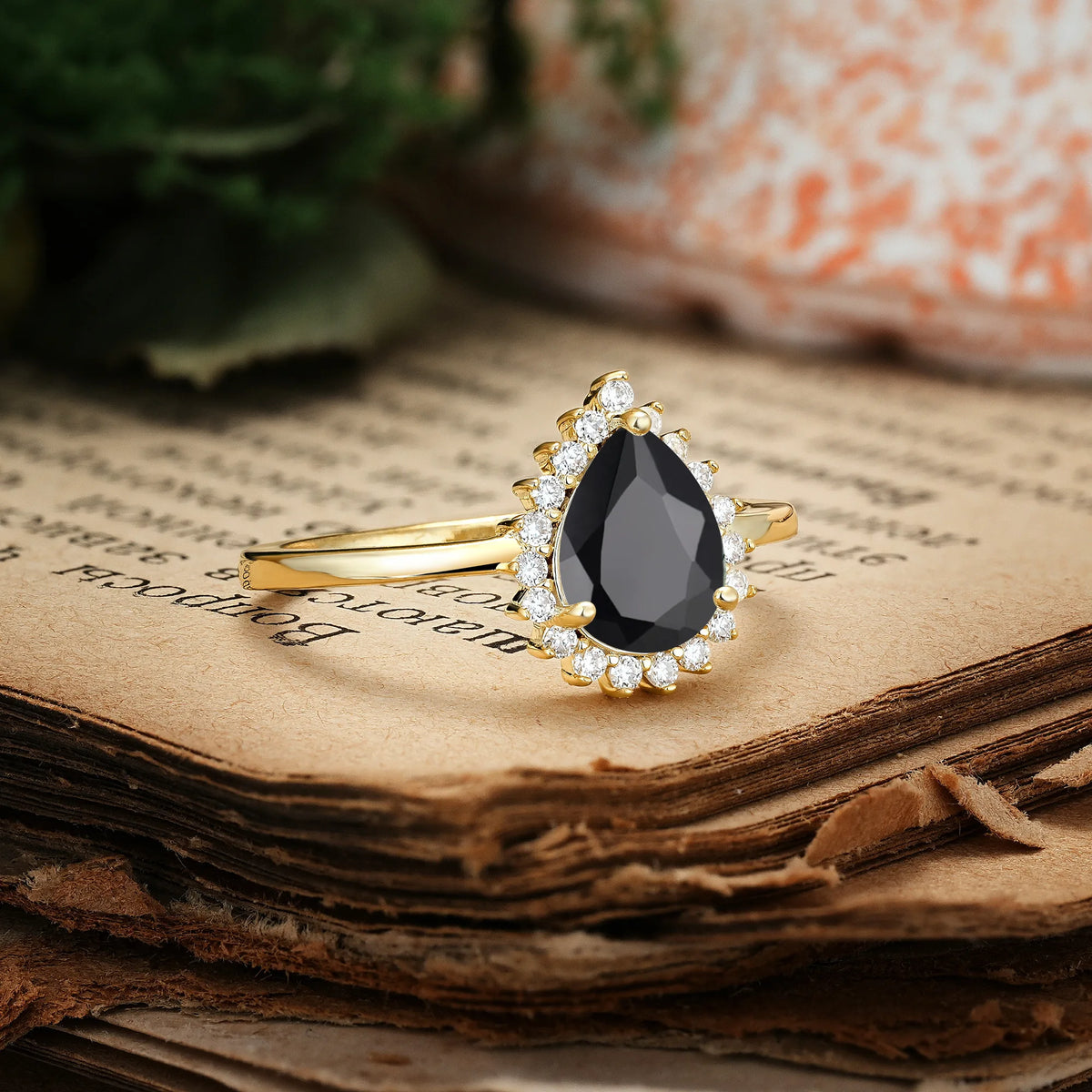 Classic Vintage 3-Prong Pear Cut Black Onyx Engagement Ring