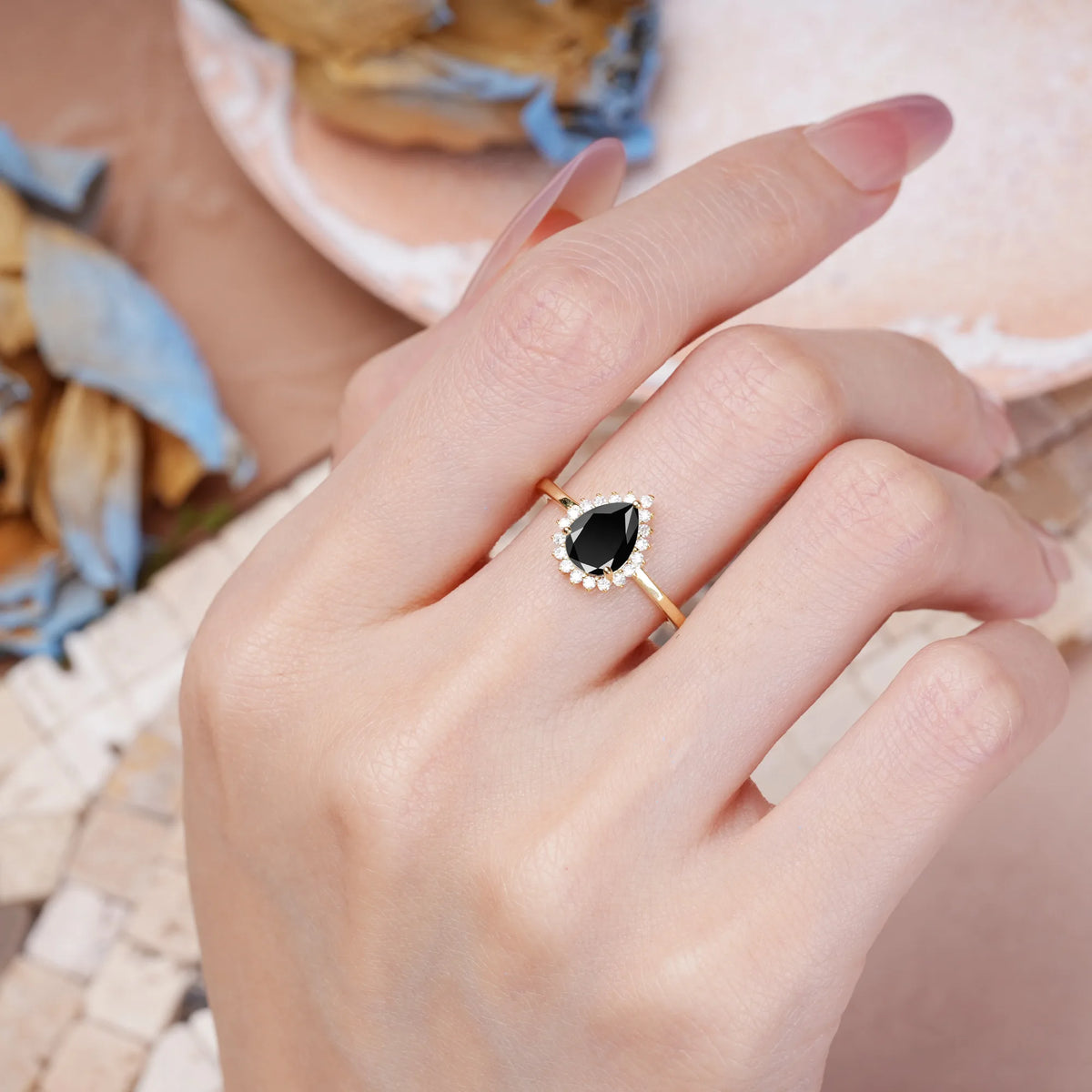 Pear Cut Black Onyx Classic Vintage 3-Prong Engagement Ring