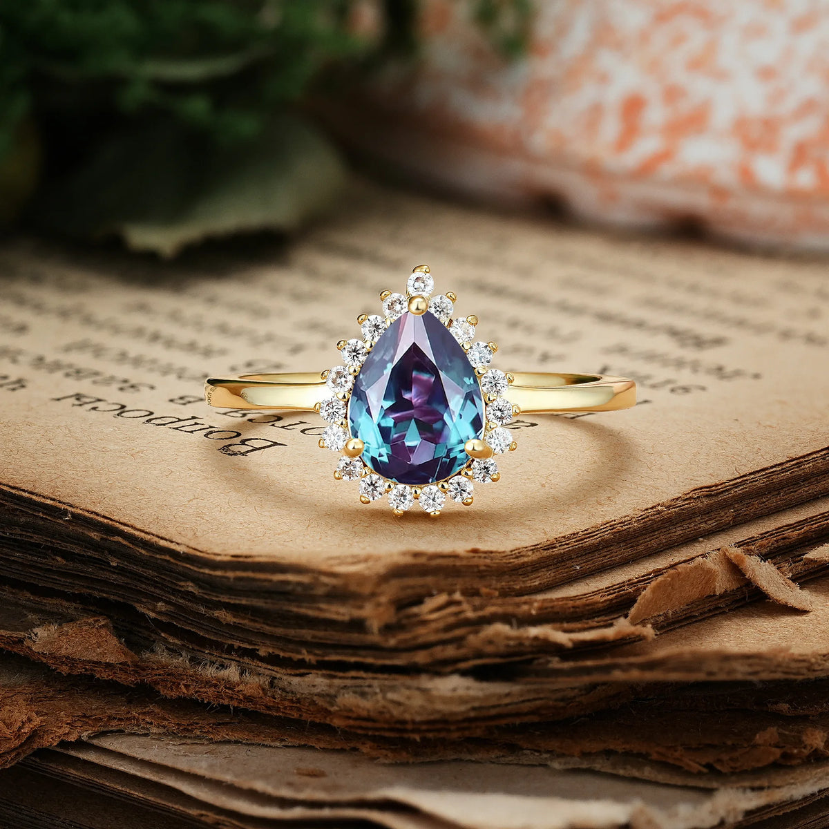 Classic Vintage 3-Prong Pear Cut Alexandrite Engagement Ring