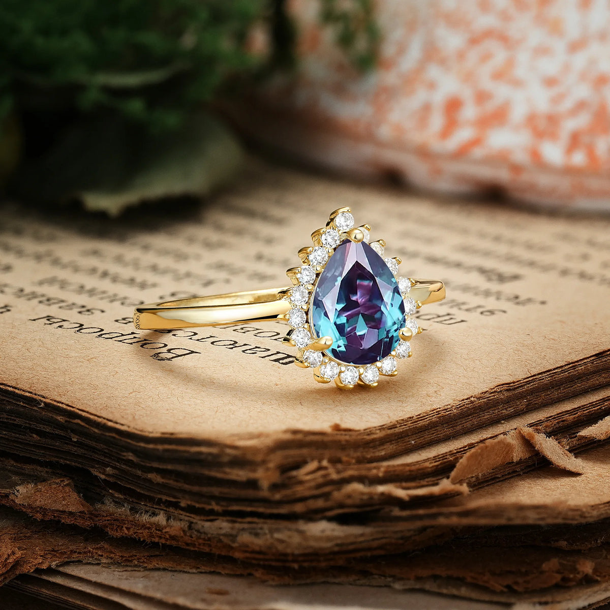 Classic Vintage 3-Prong Pear Cut Alexandrite Engagement Ring