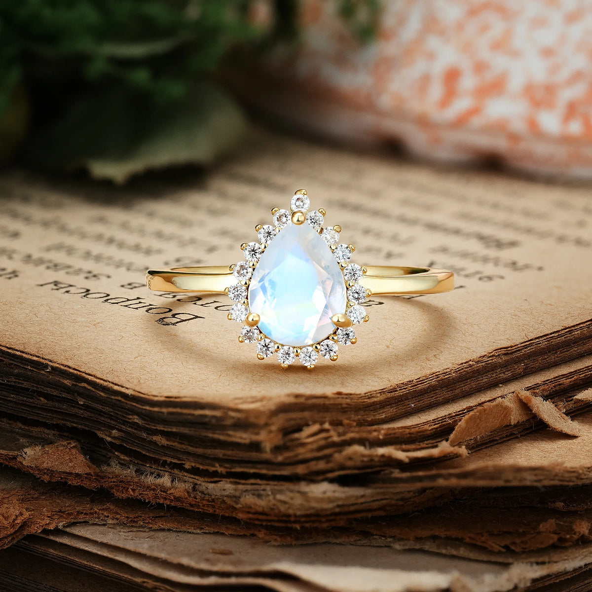 Classic Vintage 3-Prong Pear Cut Moonstone Engagement Ring
