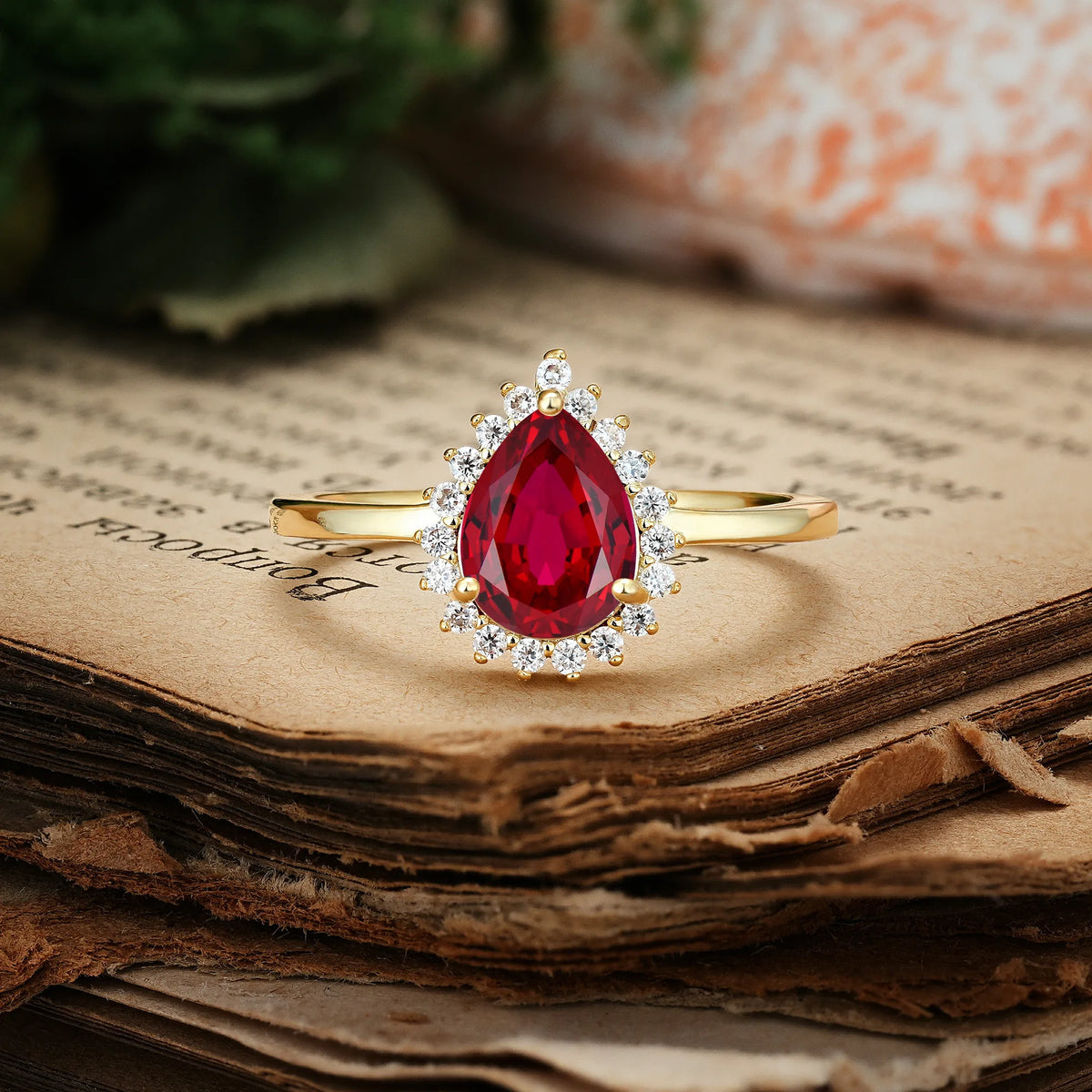 Classic Vintage 3-Prong Pear Cut Ruby Engagement Ring