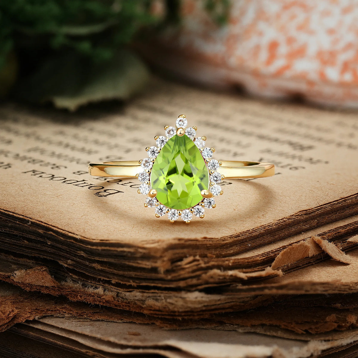 Classic Vintage 3-Prong Pear Cut Peridot Engagement Ring