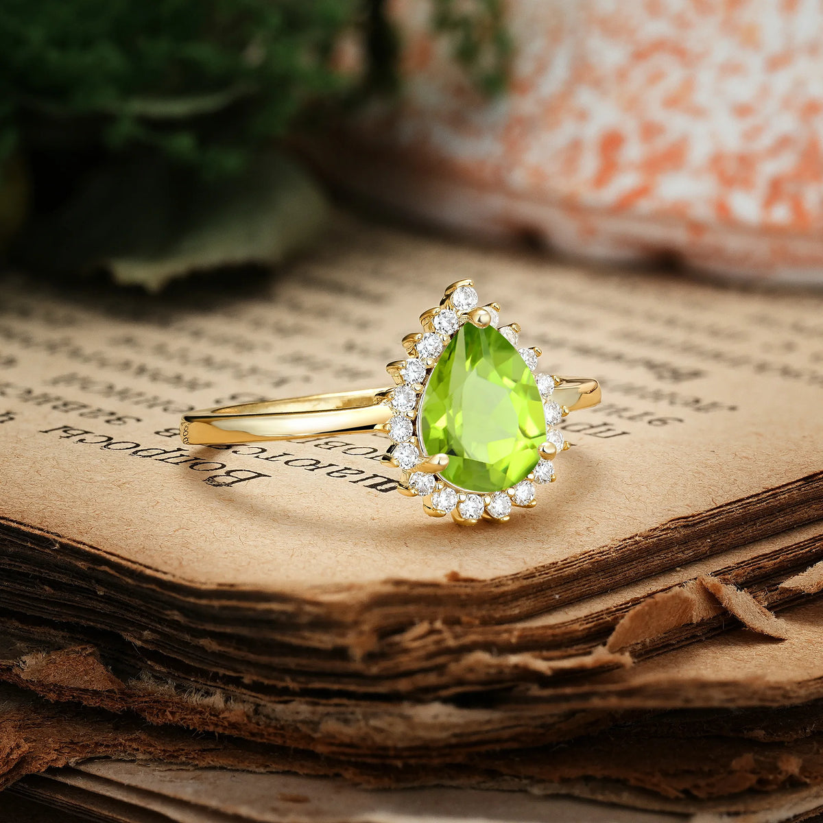 Classic Vintage 3-Prong Pear Cut Peridot Engagement Ring