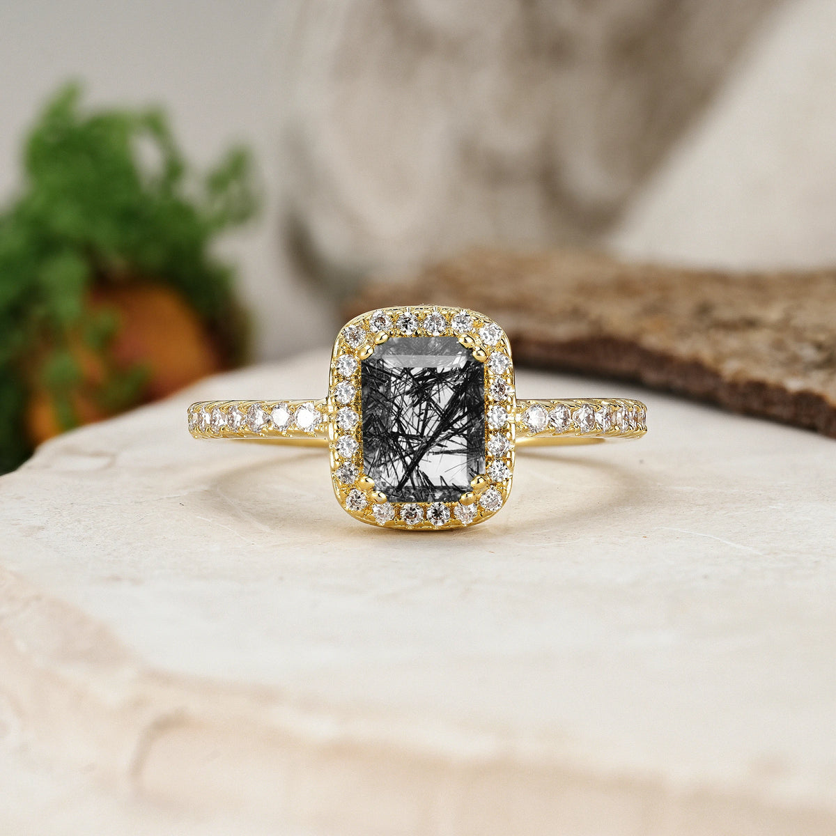Emerald Cut Black Rutilated Quartz Classic Channel-Set, Vintage-Style 4-Prong Engagement Ring