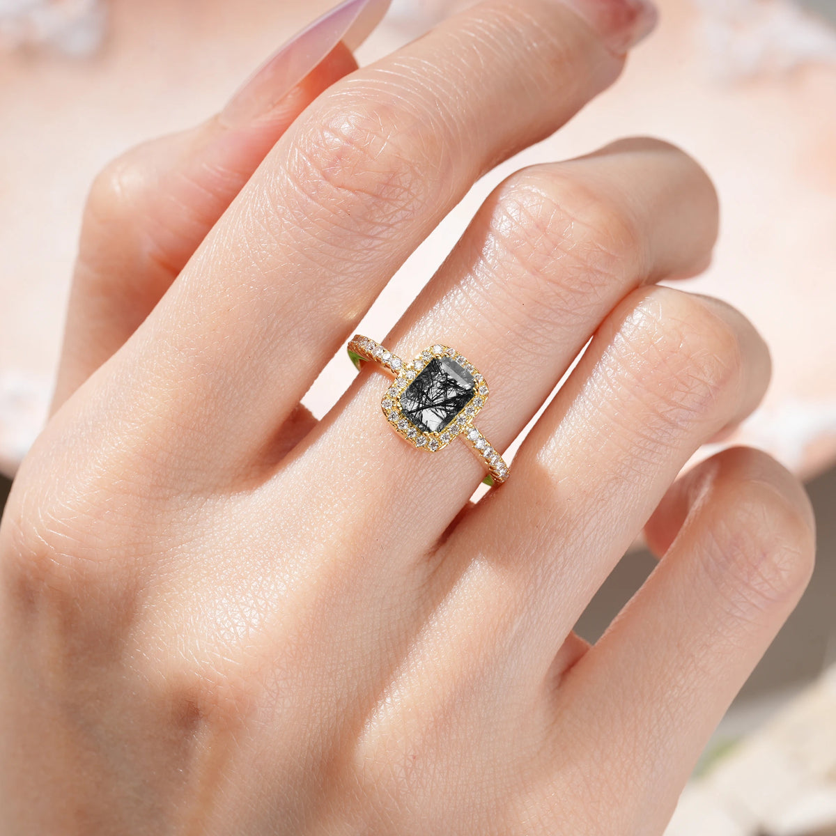 Emerald Cut Black Rutilated Quartz Classic Channel-Set, Vintage-Style 4-Prong Engagement Ring