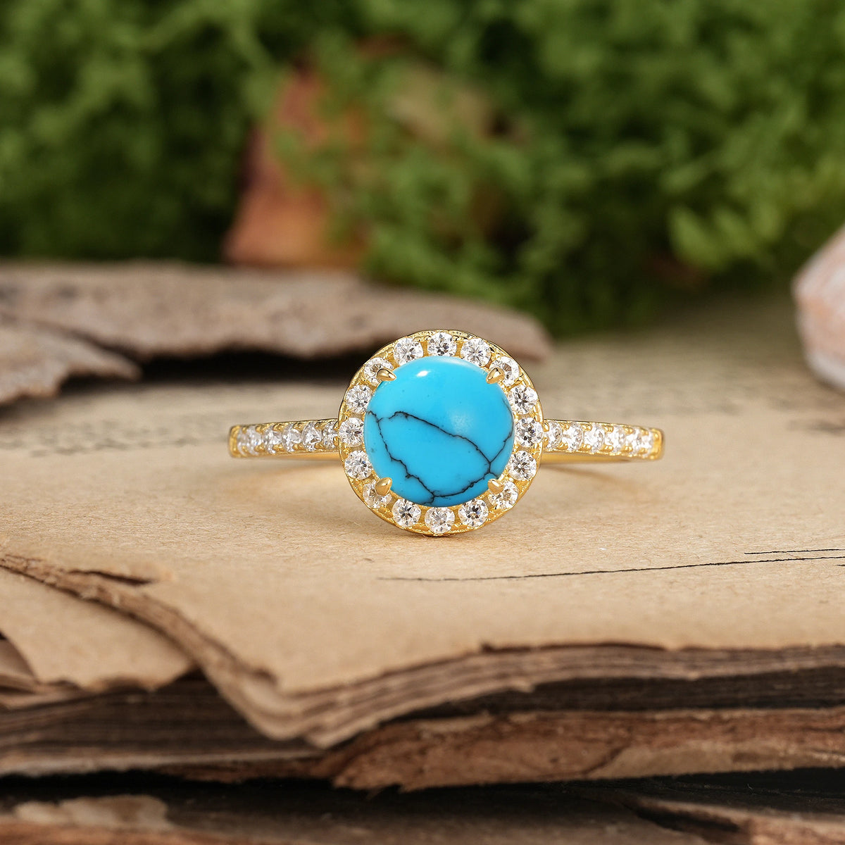 Round Cut Turquoise Luxurious Classic Pavé-Set, 4-Prong Engagement Ring