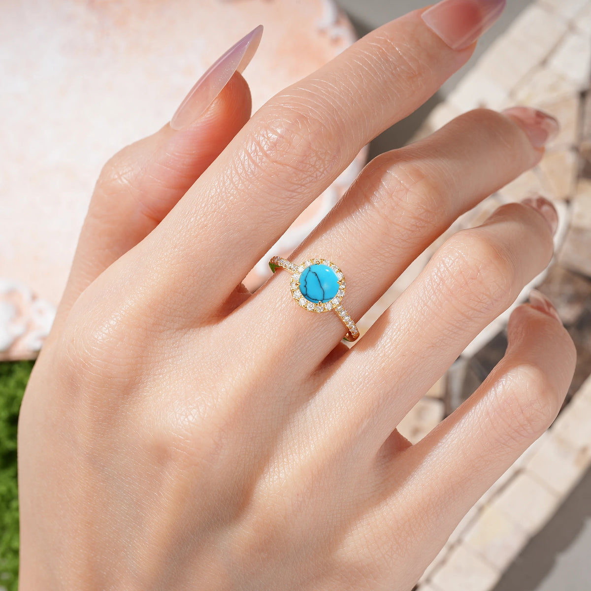 Round Cut Turquoise Luxurious Classic Pavé-Set, 4-Prong Engagement Ring