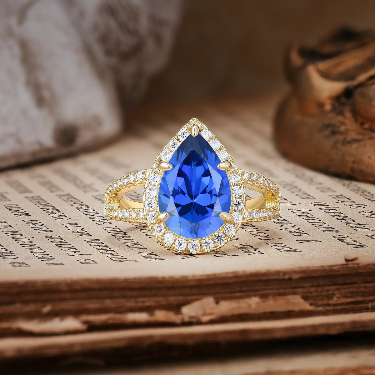 Classic Double-Row Diamond, Luxurious 5-Prong Pear Cut Sapphire Engagement Ring