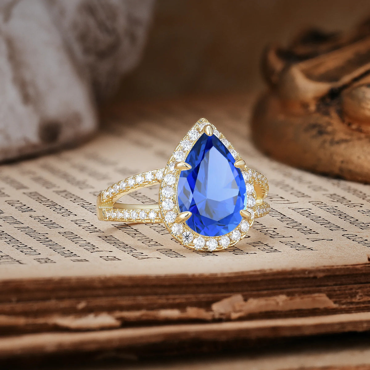 Classic Double-Row Diamond, Luxurious 5-Prong Pear Cut Sapphire Engagement Ring