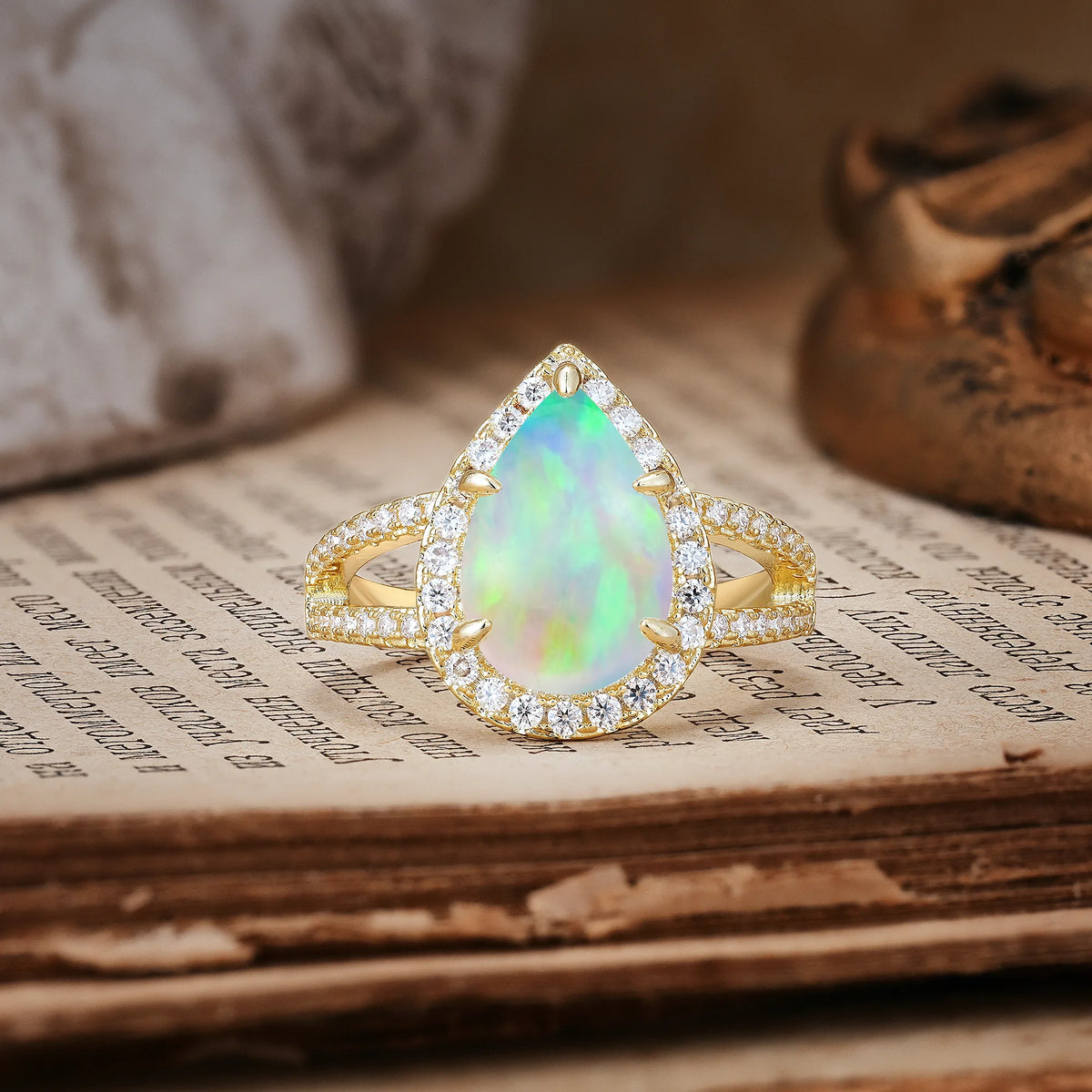 Classic Double-Row Diamond, Luxurious 5-Prong Pear Cut Fire Opal Engagement Ring