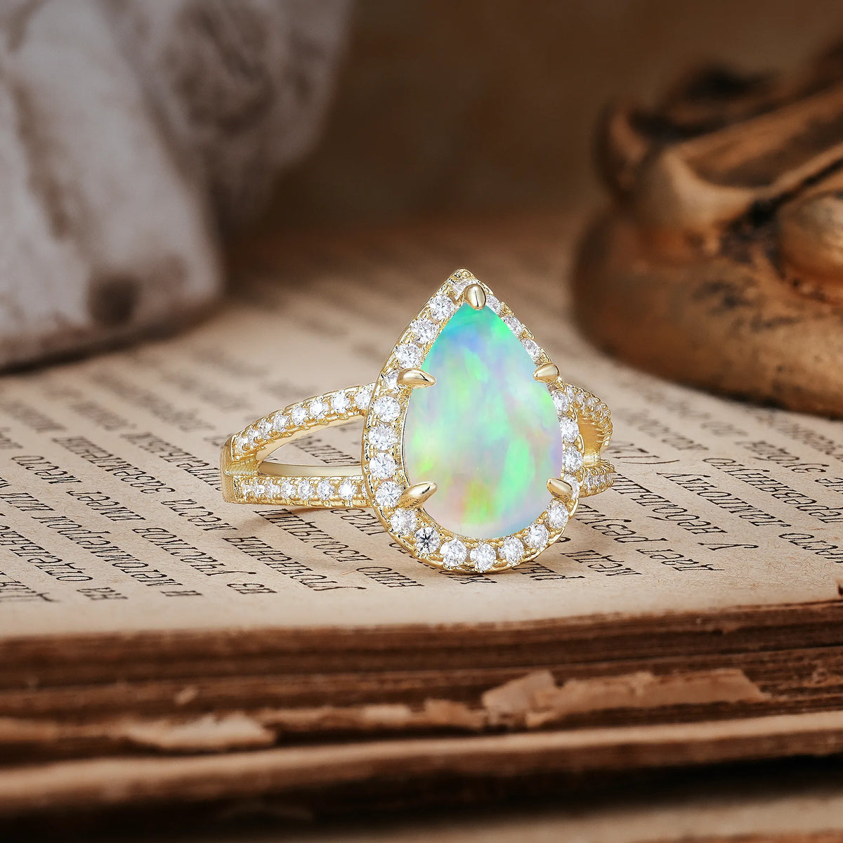Classic Double-Row Diamond, Luxurious 5-Prong Pear Cut Fire Opal Engagement Ring