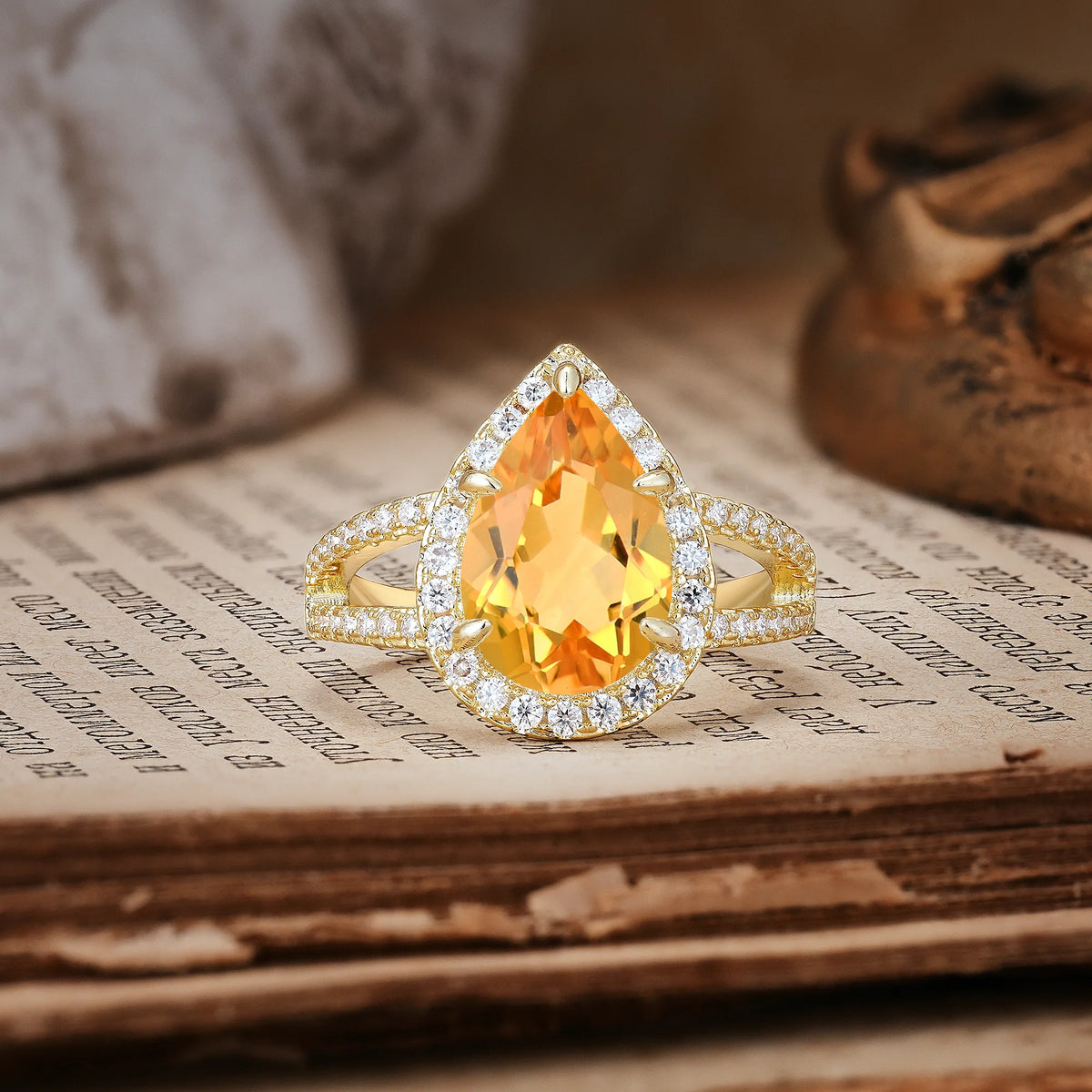 Classic Double-Row Diamond, Luxurious 5-Prong Pear Cut Citrine Engagement Ring