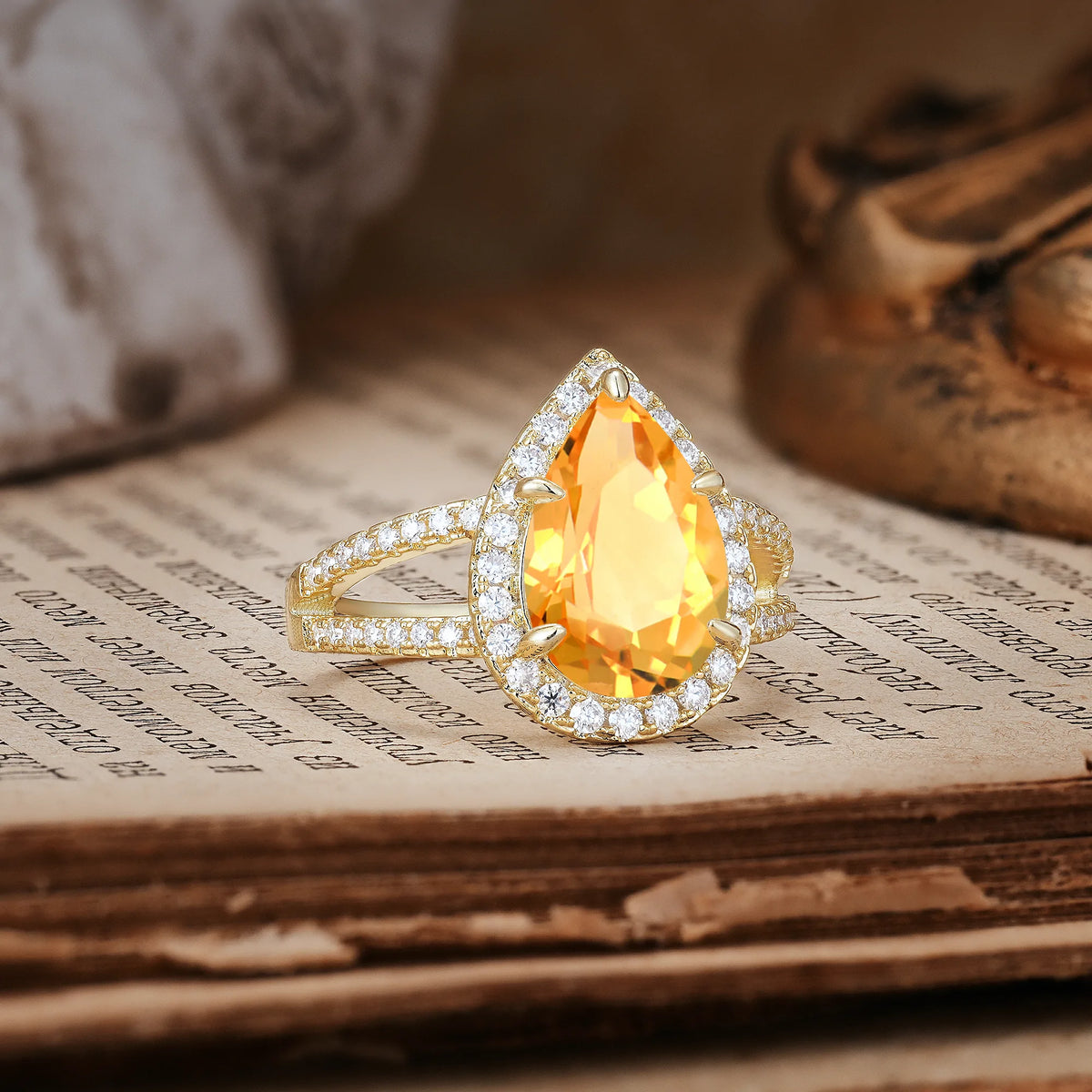 Classic Double-Row Diamond, Luxurious 5-Prong Pear Cut Citrine Engagement Ring