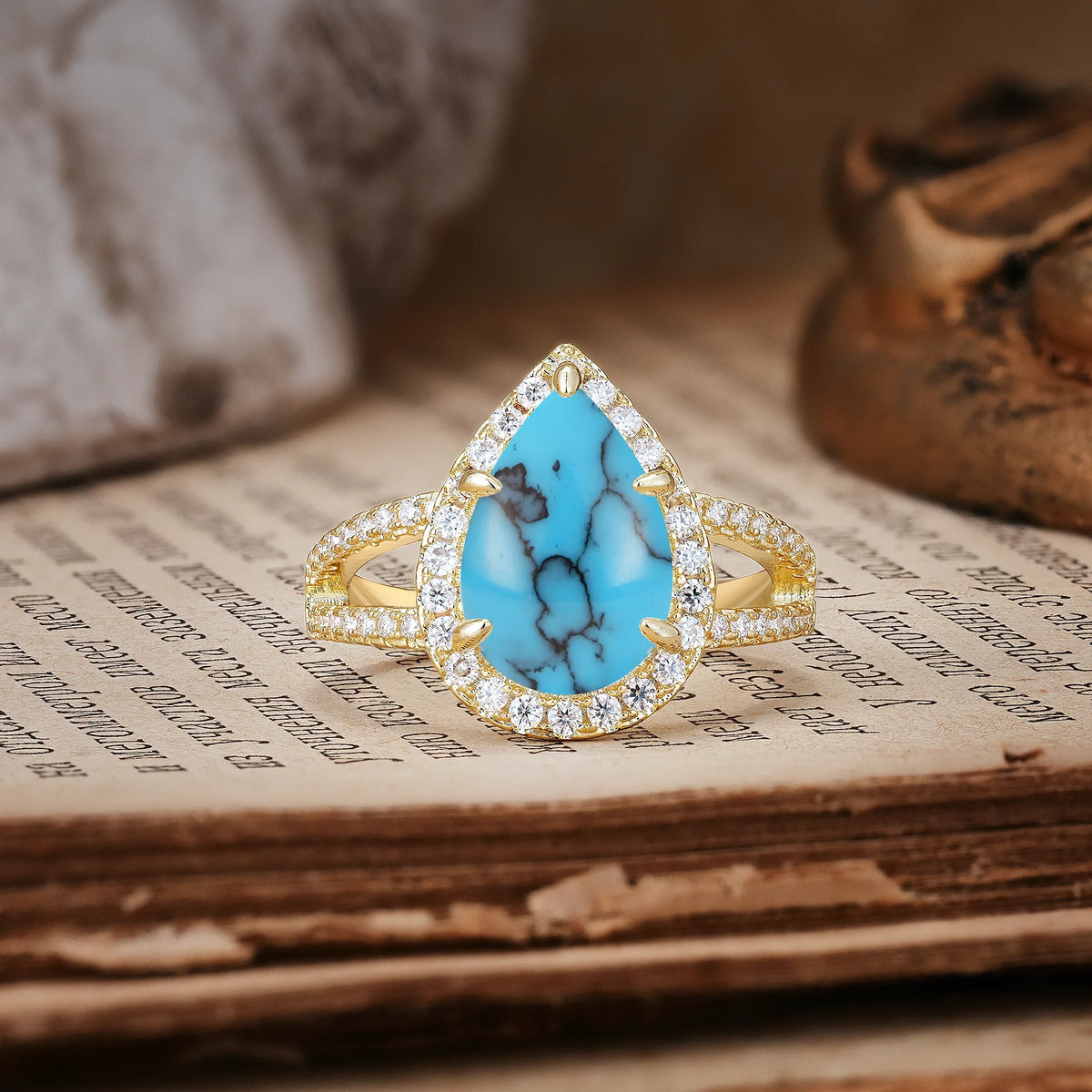 Classic Double-Row Diamond, Luxurious 5-Prong Pear Cut Turquoise Engagement Ring