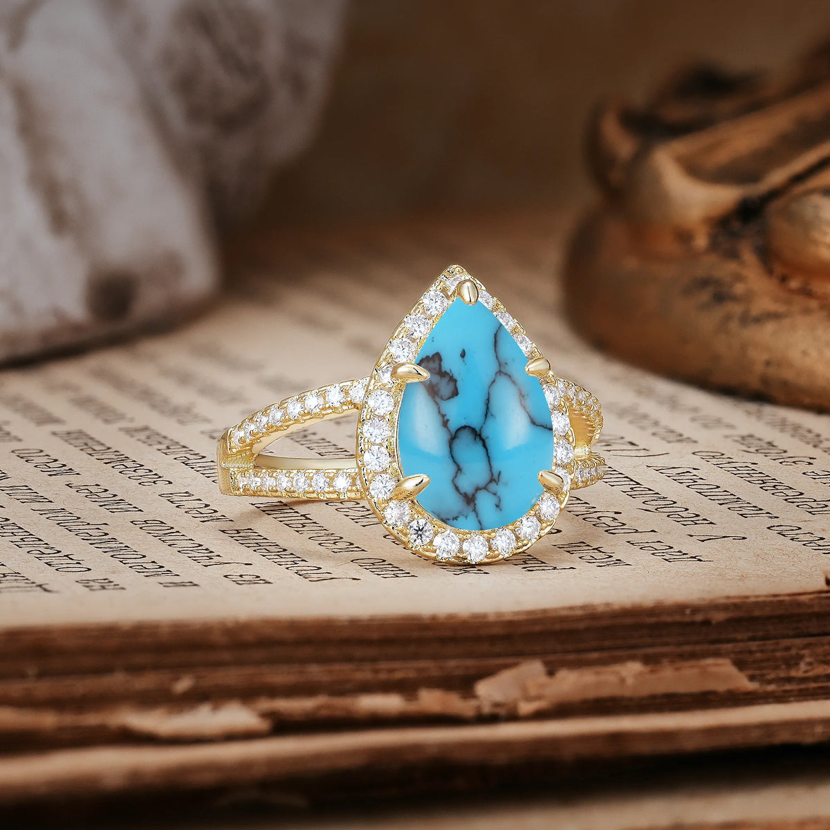 Classic Double-Row Diamond, Luxurious 5-Prong Pear Cut Turquoise Engagement Ring