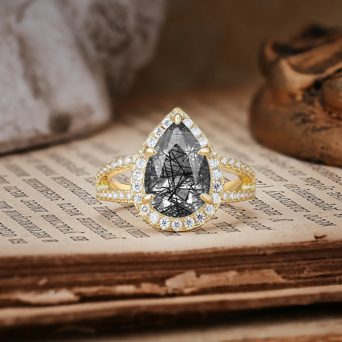 Classic Double-Row Diamond, Luxurious 5-Prong Pear Cut Black Rutilated Quartz Engagement Ring